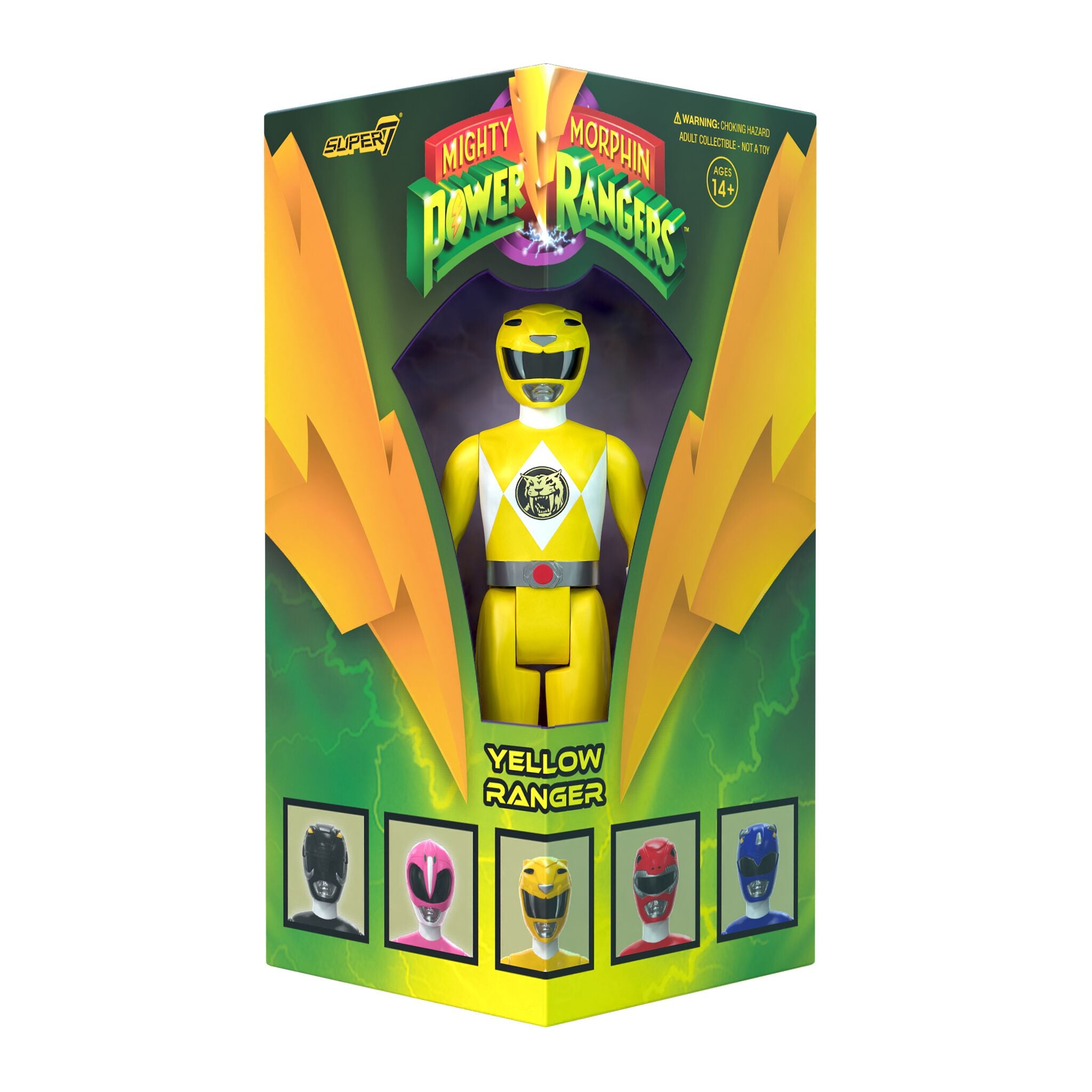 Yellow Ranger action figure in a triangle SDCC 2023 packaging box for Mighty Morphin Power Rangers