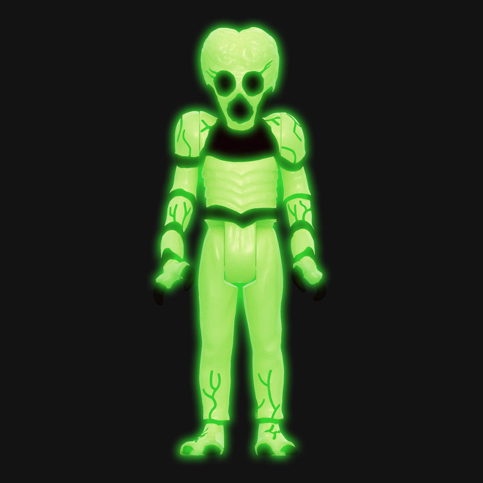 Glow in the dark alien action figure with large head and black eyes