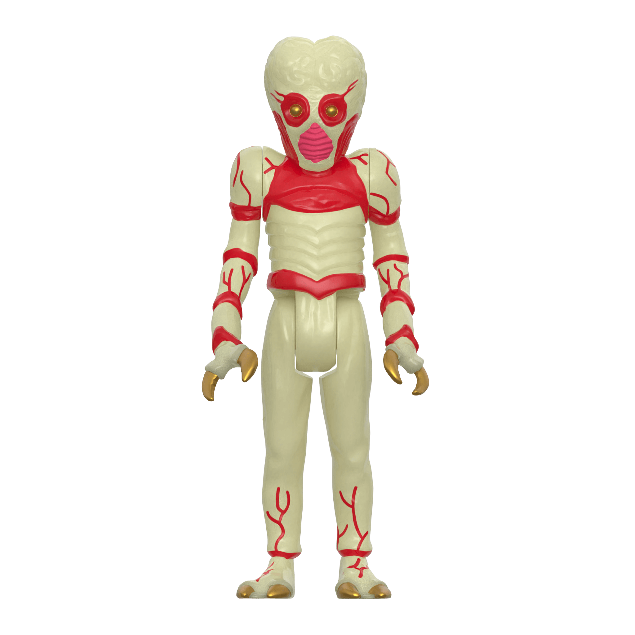 The Brainiac action figure, a cream-colored alien with red veins, a red chest plate, and gold claws