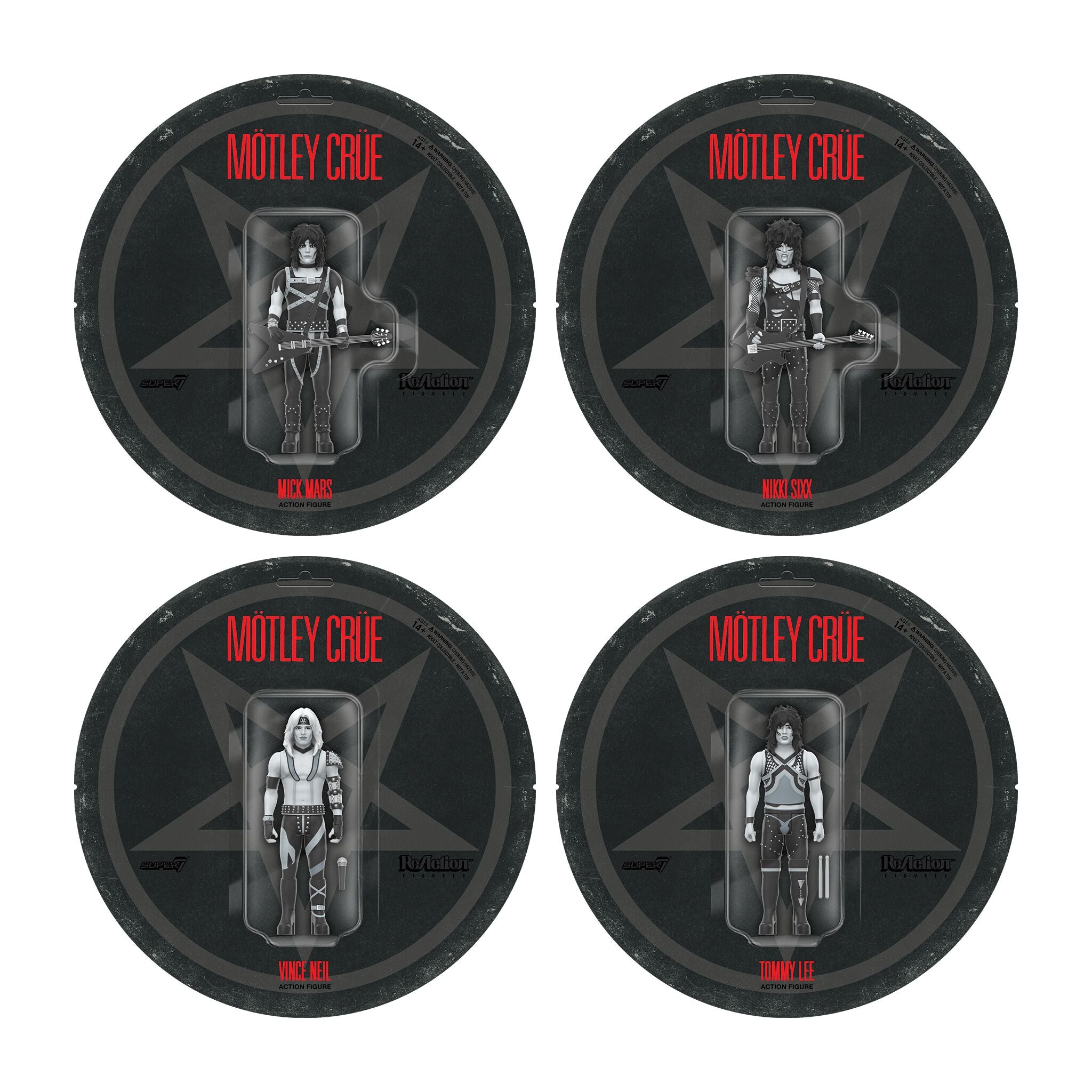 Motley Crue ReAction Figures Wave 02 - Vince Neil, Tommy Lee, Nikki Sixx, & Mick Mars (Shout At The Devil - Black & White)