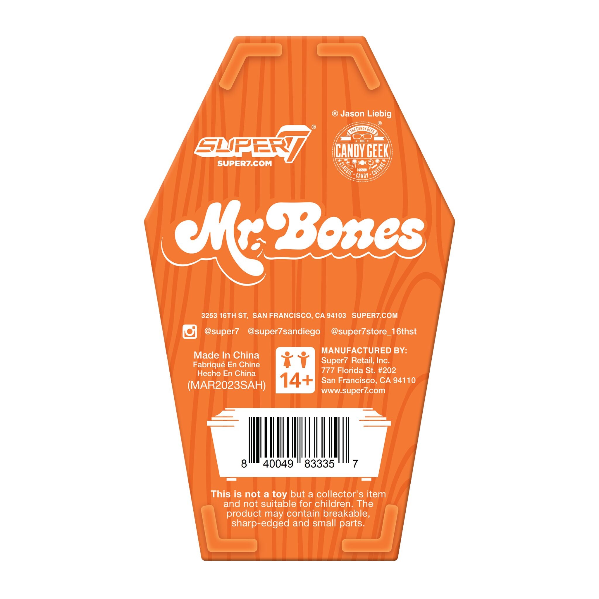 Close up of orange coffin shaped packaging for Mr Bones ReAction with wood grain pattern and Super7 logo