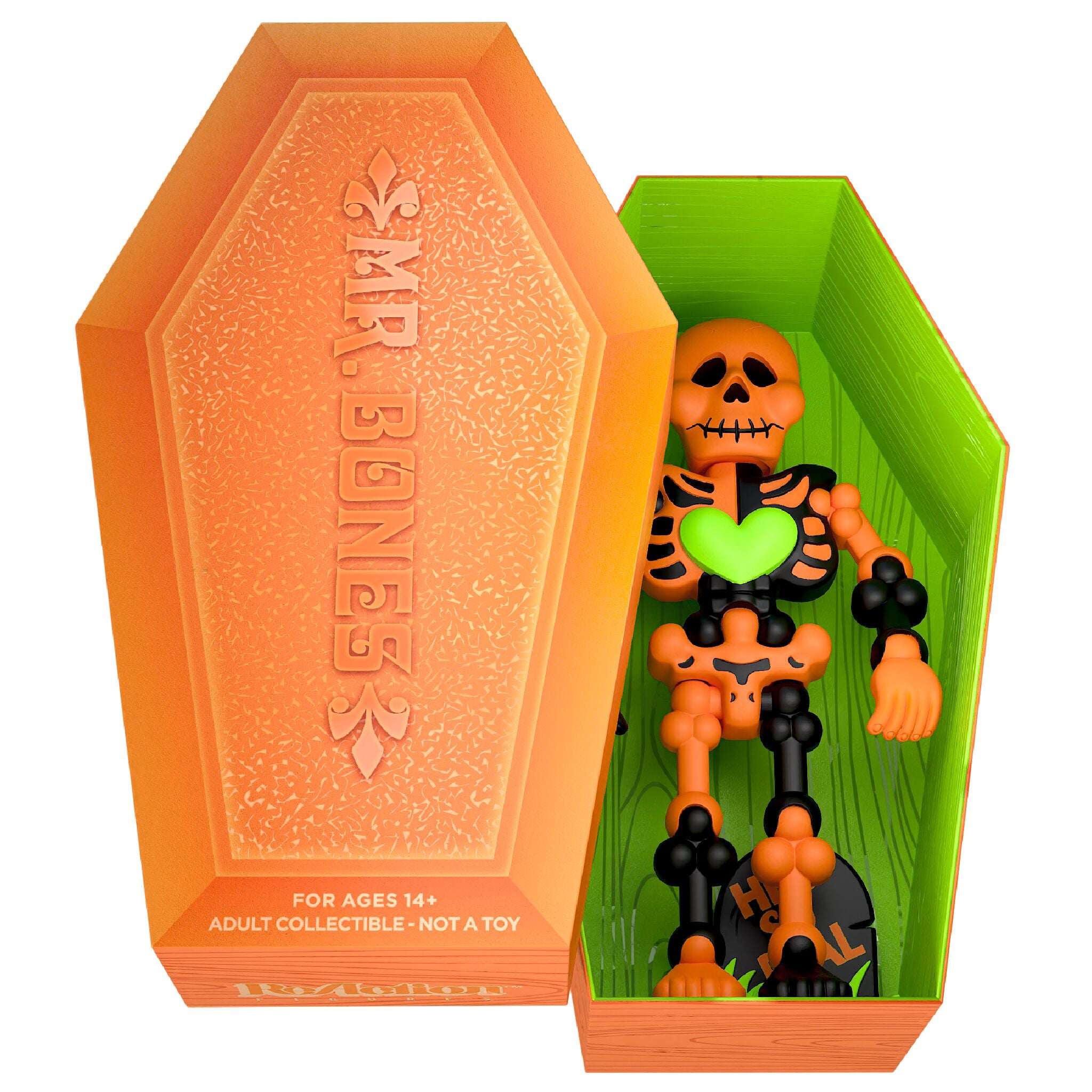 Mr Bones ReAction figure in an orange coffin style package with a green inner box showing a skeleton figure