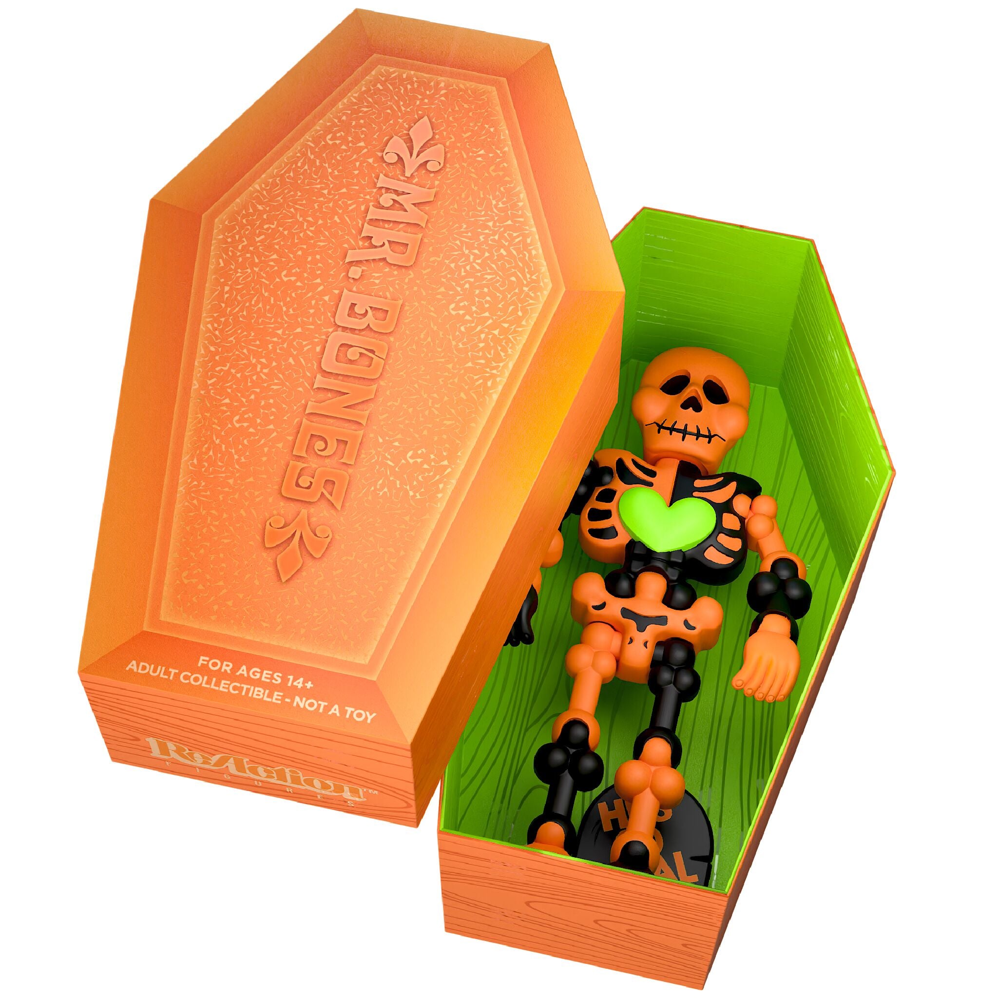 Two Mr Bones figures with orange heads and black limbs stand together beside an orange coffin box with a green interior