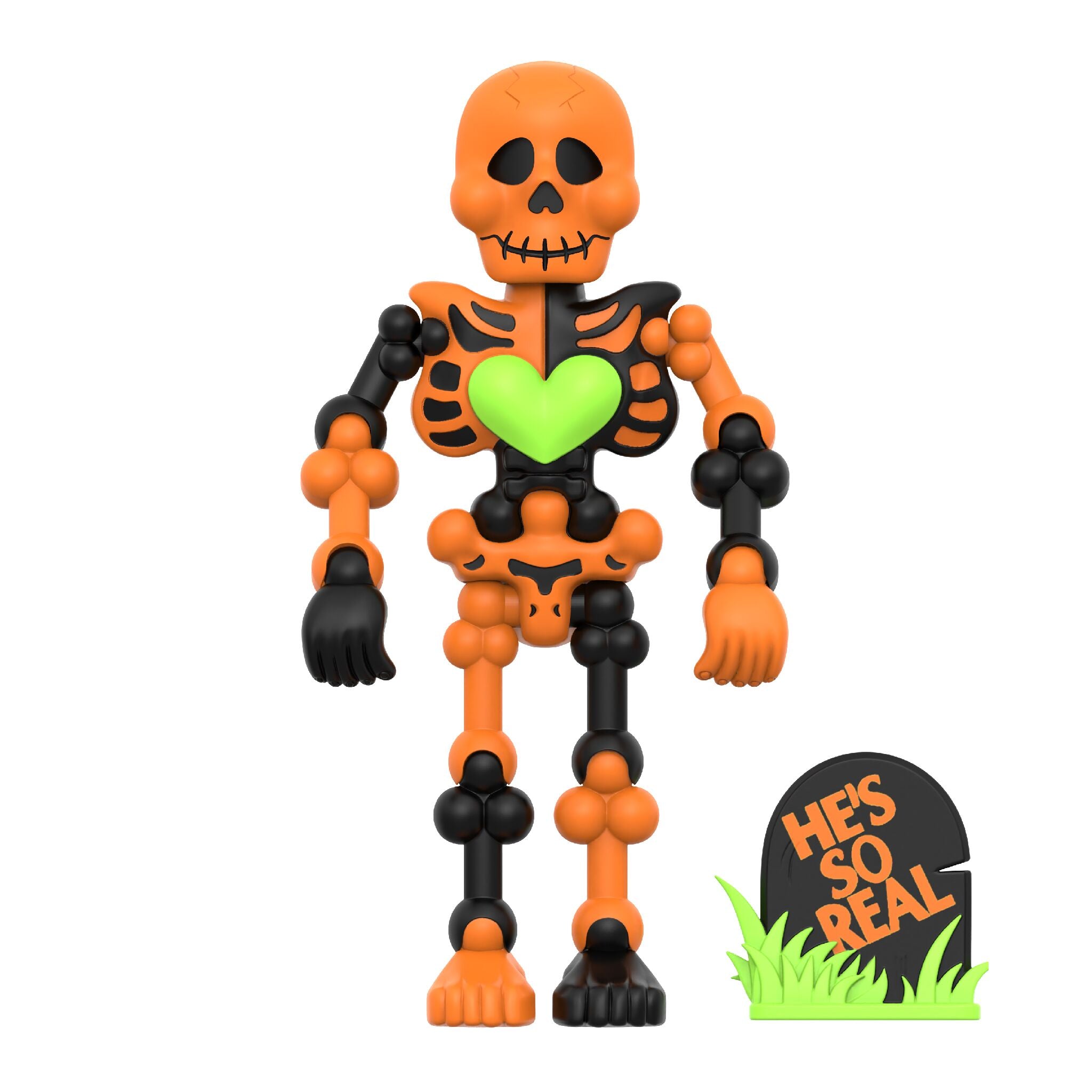 Orange coffin box with embossed pattern leaning open to reveal a green interior and a small orange skeleton peeking out
