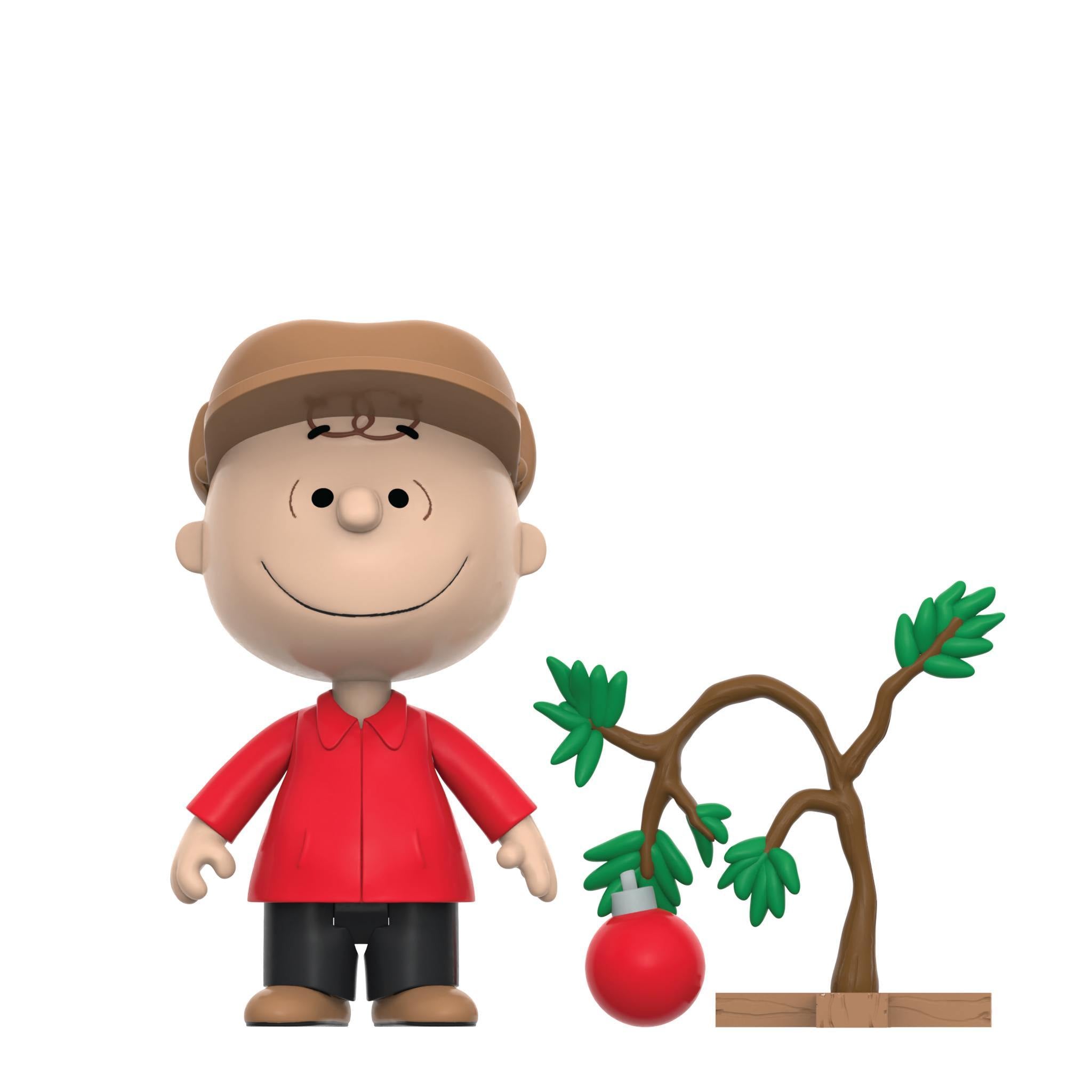 Charlie Brown 3.75" ReAction Figure with brown cap and red shirt alongside the sad tree accessory with red ornament, on a white background.