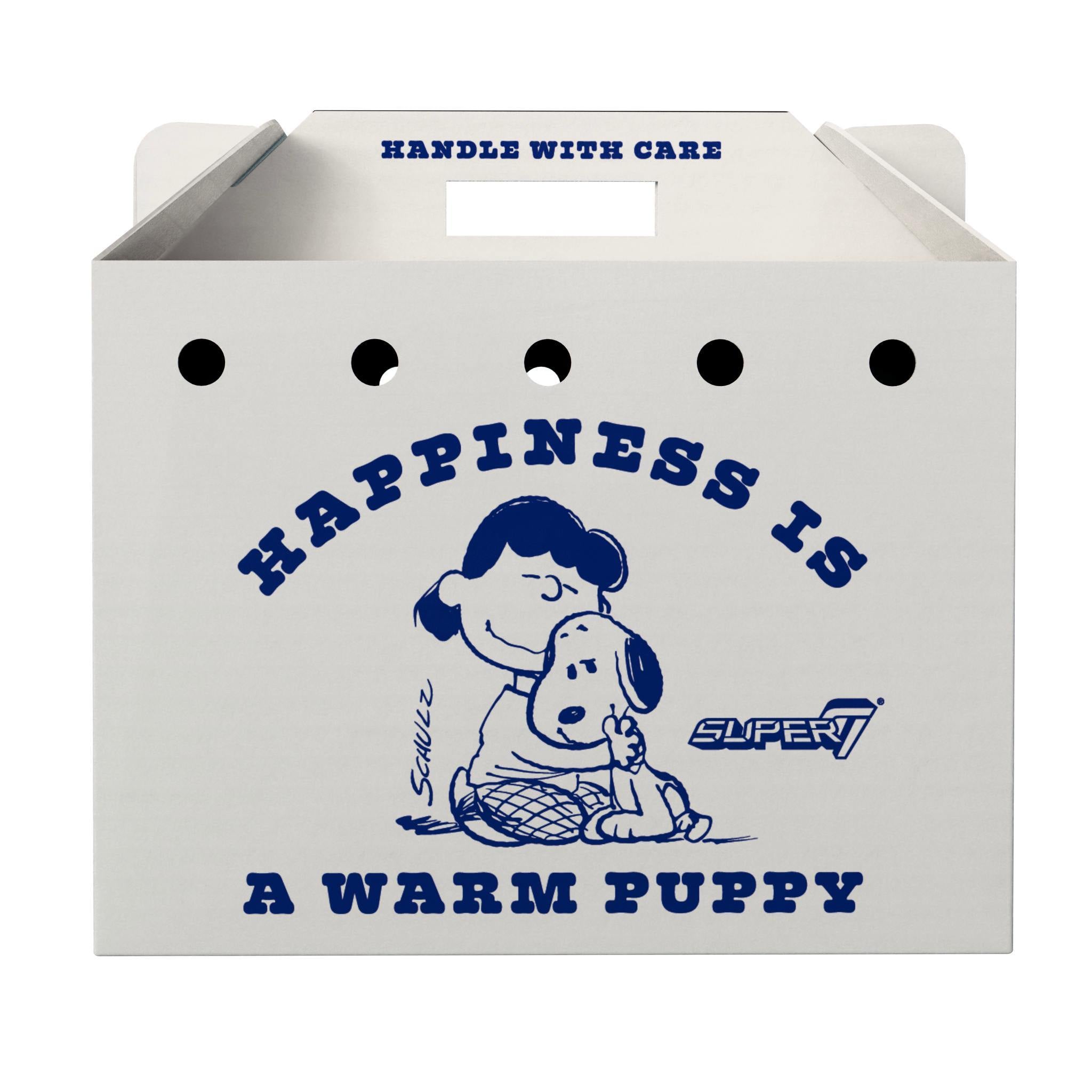 White box lid with a handle cutout and bold blue HANDLE WITH CARE text above a partial Snoopy artwork.
