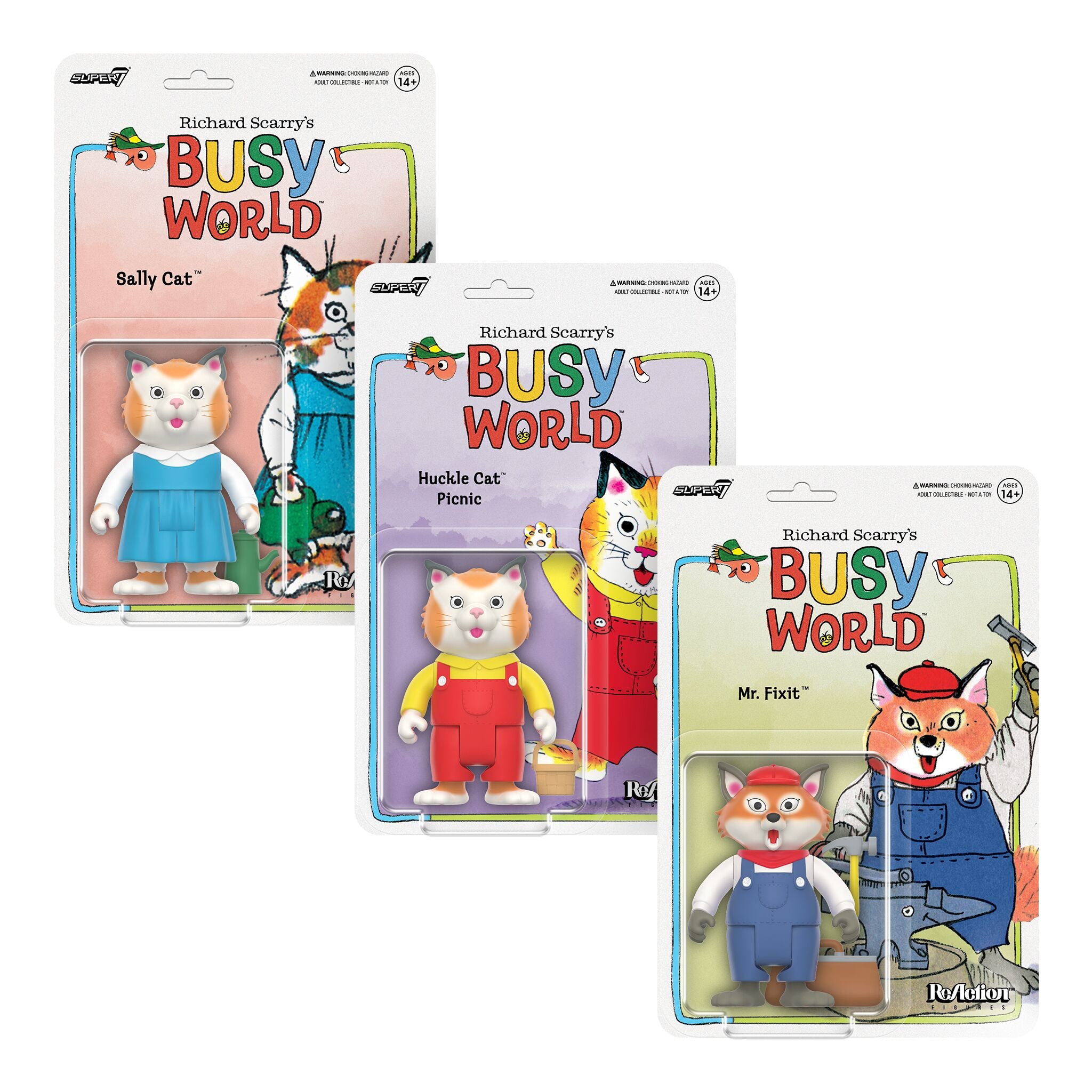 Richard Scarry ReAction Figures Wave 02 - Sally Cat, Huckle Cat (Overalls), & Mr. Fixit