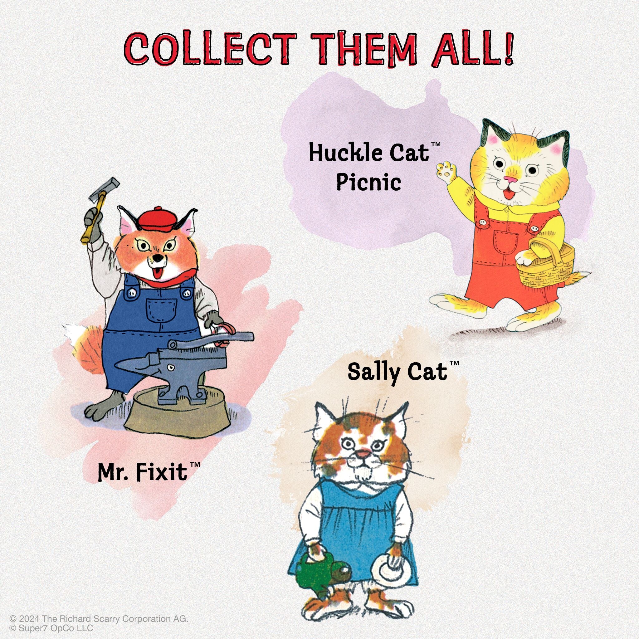 Richard Scarry ReAction Figures Wave 02 - Sally Cat, Huckle Cat (Overalls), & Mr. Fixit