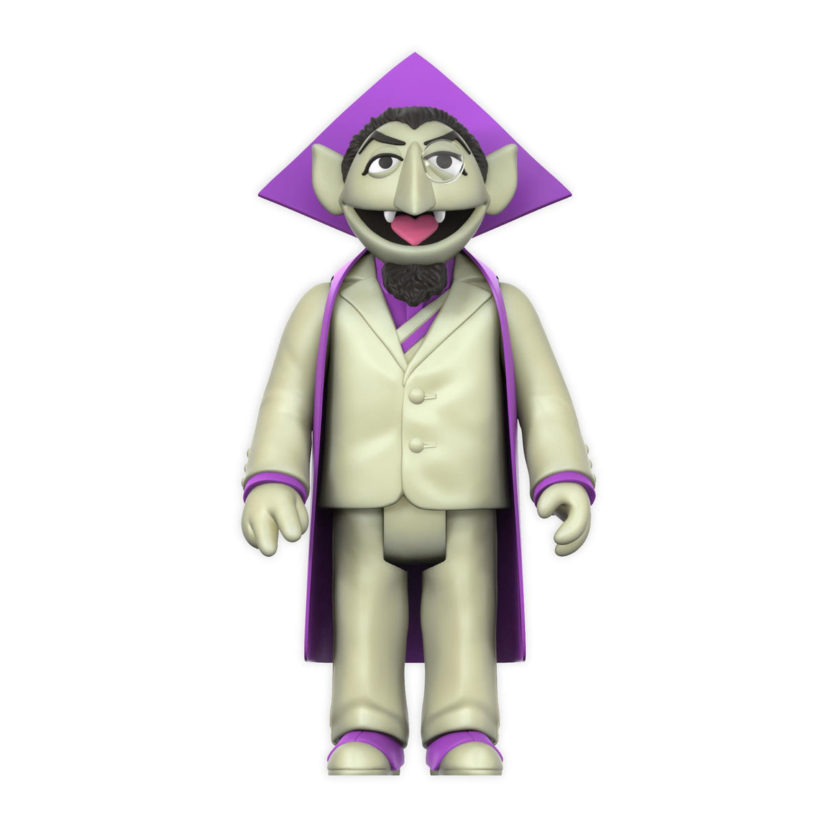 Count Von Count ReAction figure in pale glow plastic with purple cape and cap, front view on white