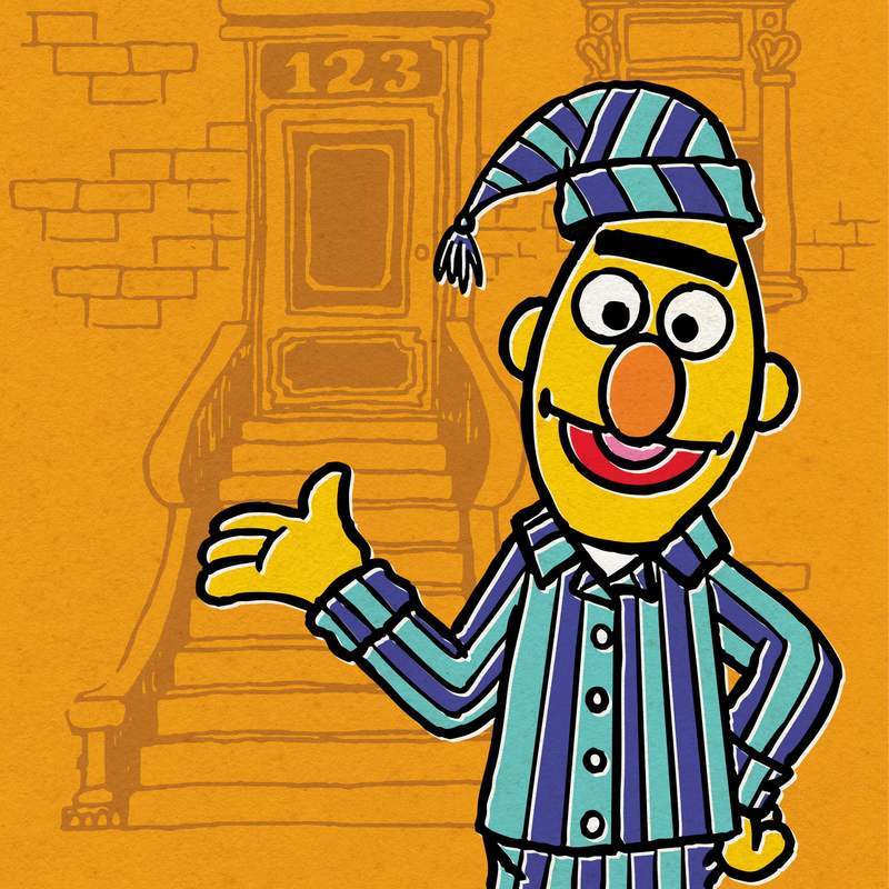 Bert from Sesame Street in striped pajamas and a nightcap, standing in front of a brownstone