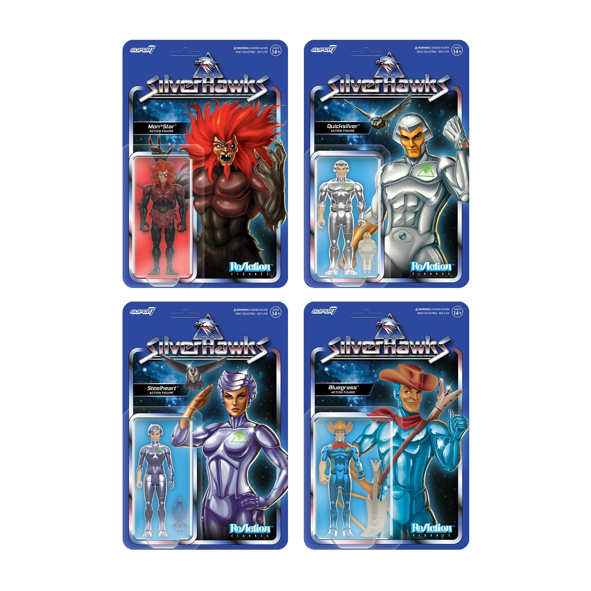 SilverHawks ReAction Figures Wave 1 - Bluegrass (Toy Version), Quicksilver (Toy Version), Steelheart (Toy Version), & Mon*Star (Pre-Transformation)