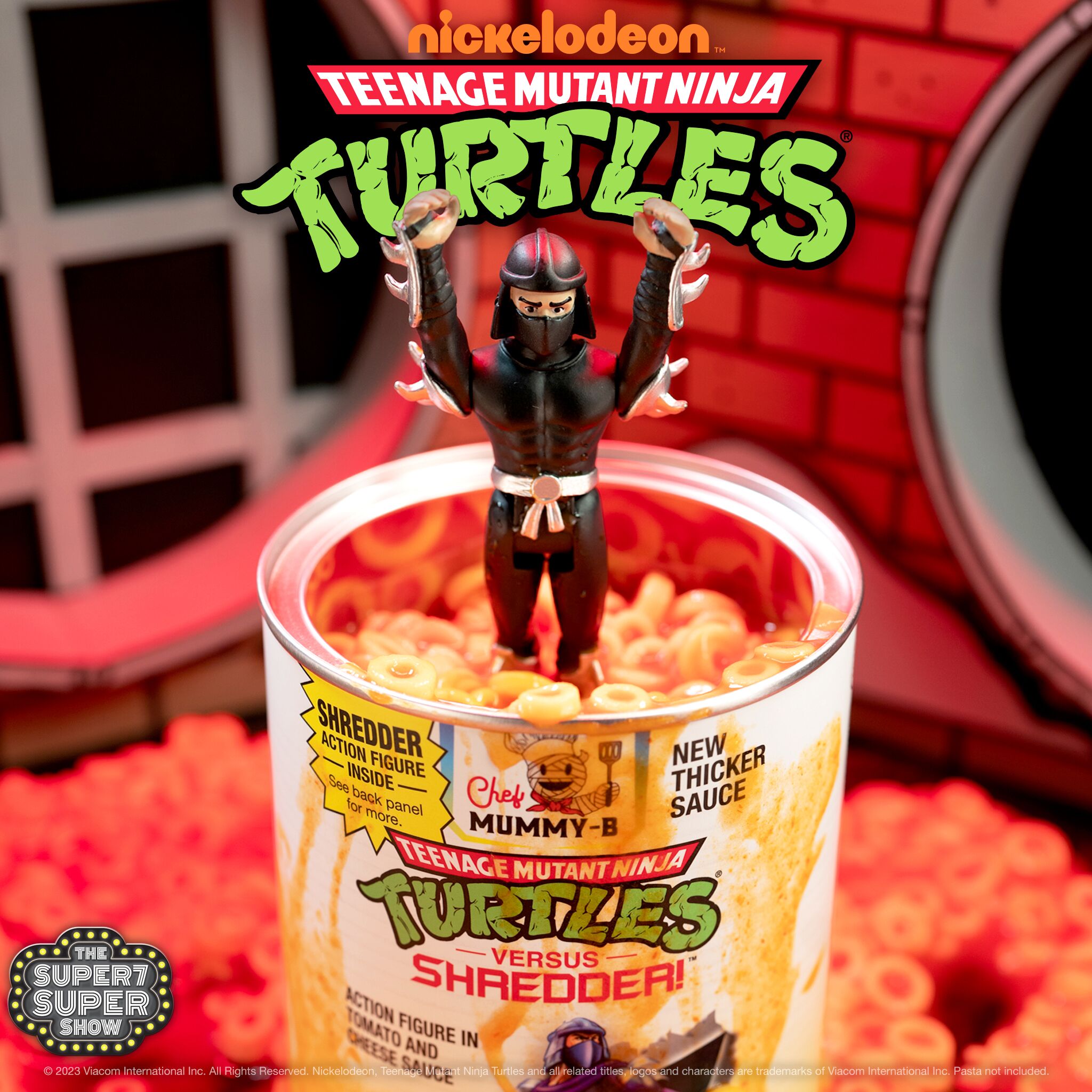 Shredder action figure emerging from a pasta can for Teenage Mutant Ninja Turtles ReAction SDCC 2023