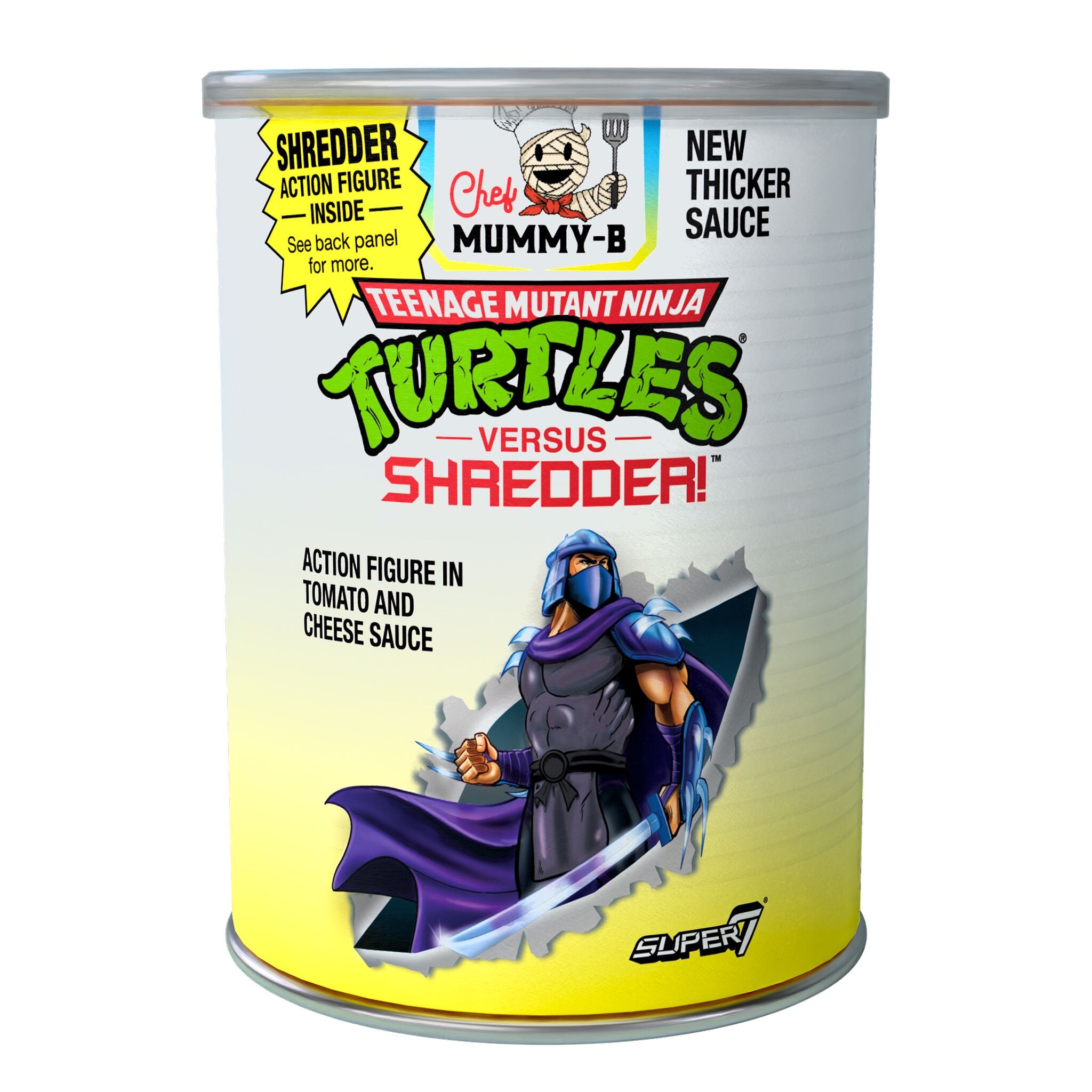 Shredder action figure inside a pasta can style packaging with TMNT branding from SDCC 2023