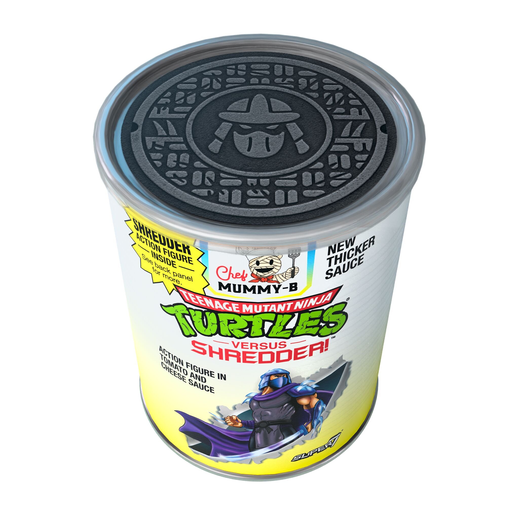 Full side view of the pasta can with Shredder artwork and Teenage Mutant Ninja Turtles branding