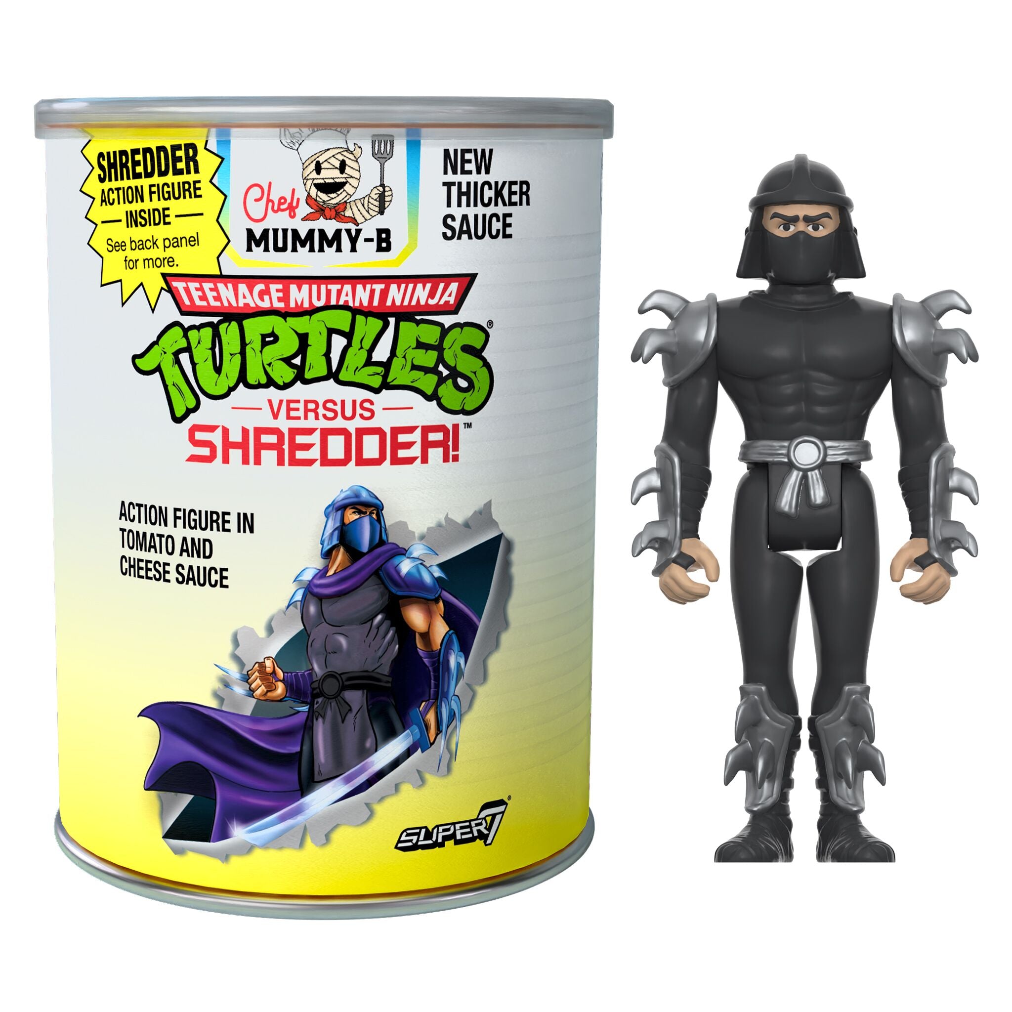 Shredder action figure beside a pasta can labeled Teenage Mutant Ninja Turtles Shredder In Pasta Can SDCC 2023