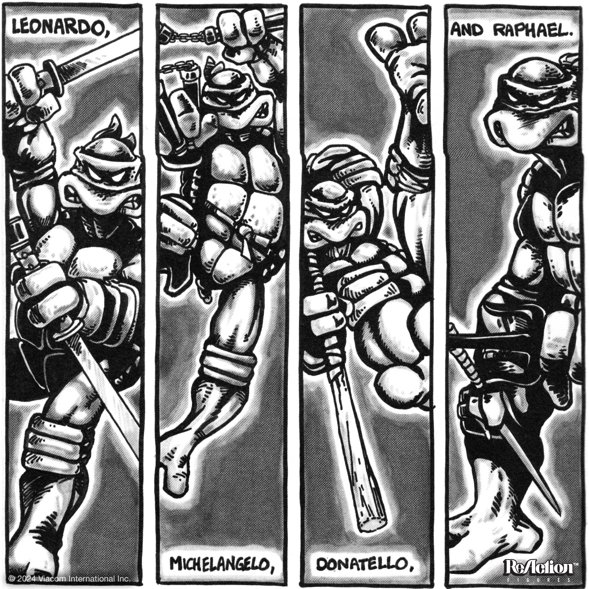 Teenage Mutant Ninja Turtles ReAction Figure Wave 9 - Donatello, Leonardo, Michelangelo & Raphael (Comic Greyscale)