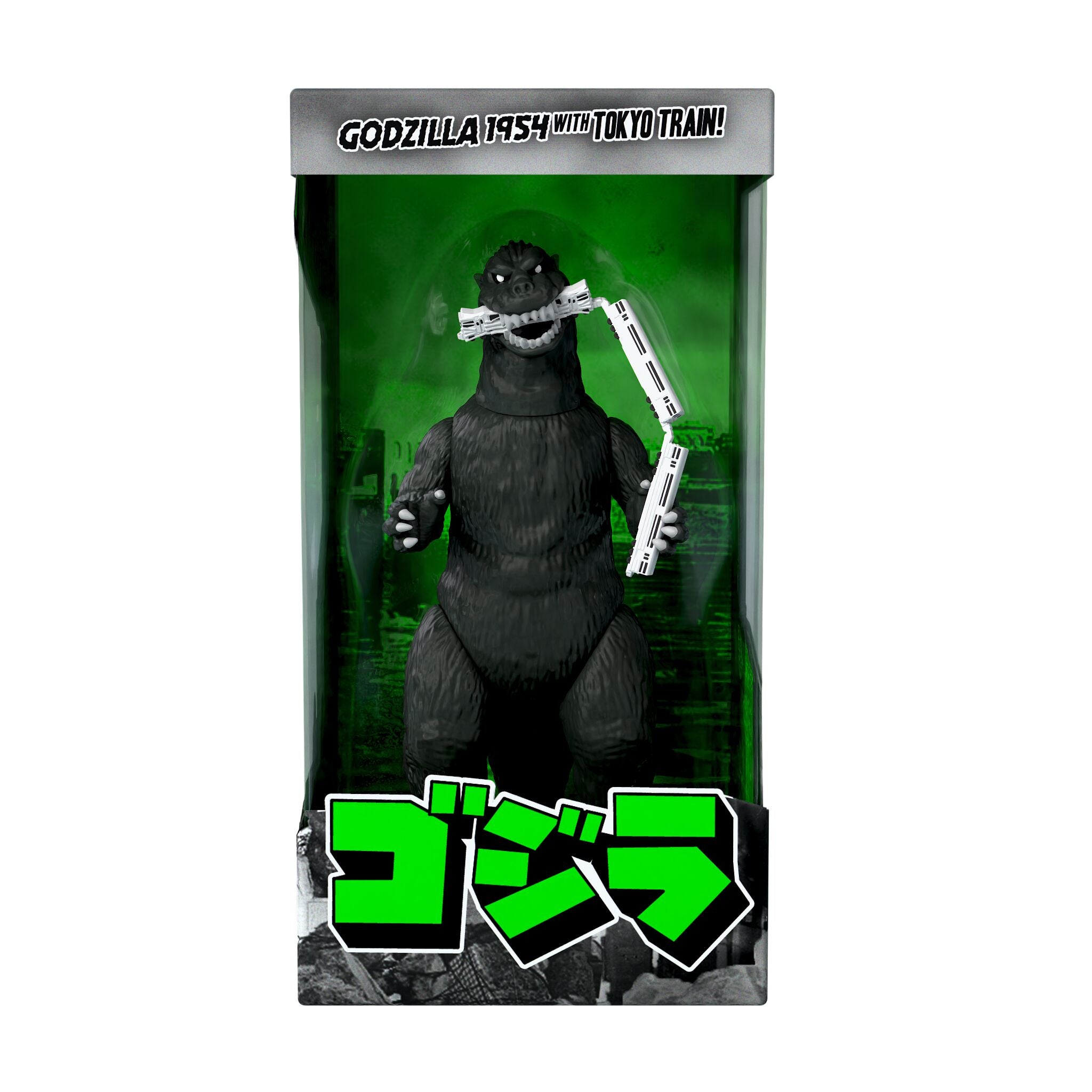 Toho ReAction Figure Godzilla 1954 Train Biter in windowed Penn-Plax SDCC packaging with a green backdrop