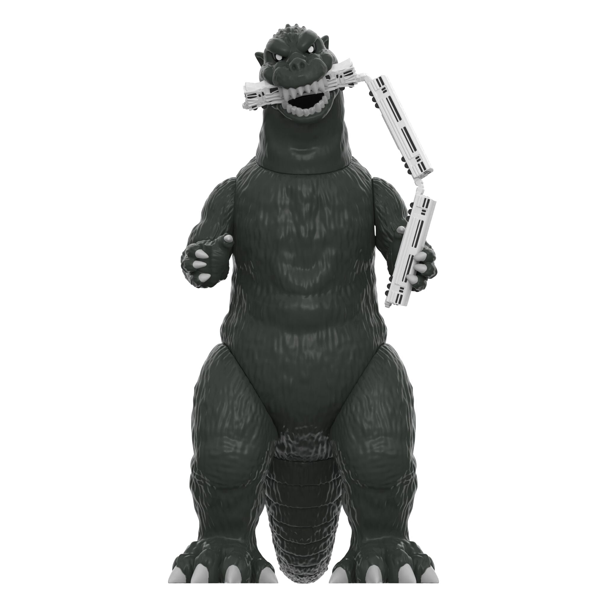 Godzilla 1954 Train Biter action figure holding a white railroad rail prop
