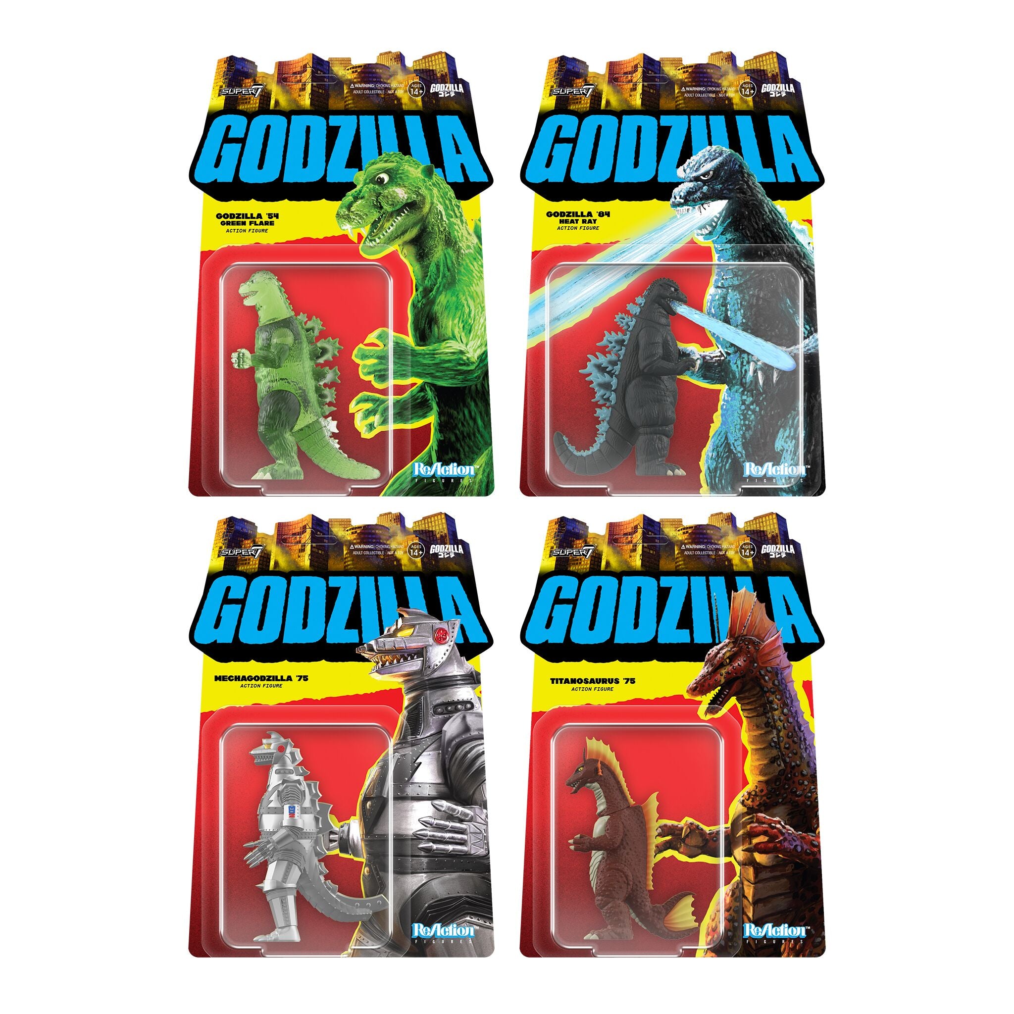 Toho ReAction Figures Wave 07 - Godzilla '84 (Heat Ray), Mechagodzilla (1975), Titanosaurus, Godzilla (Semi-Clear Green version)