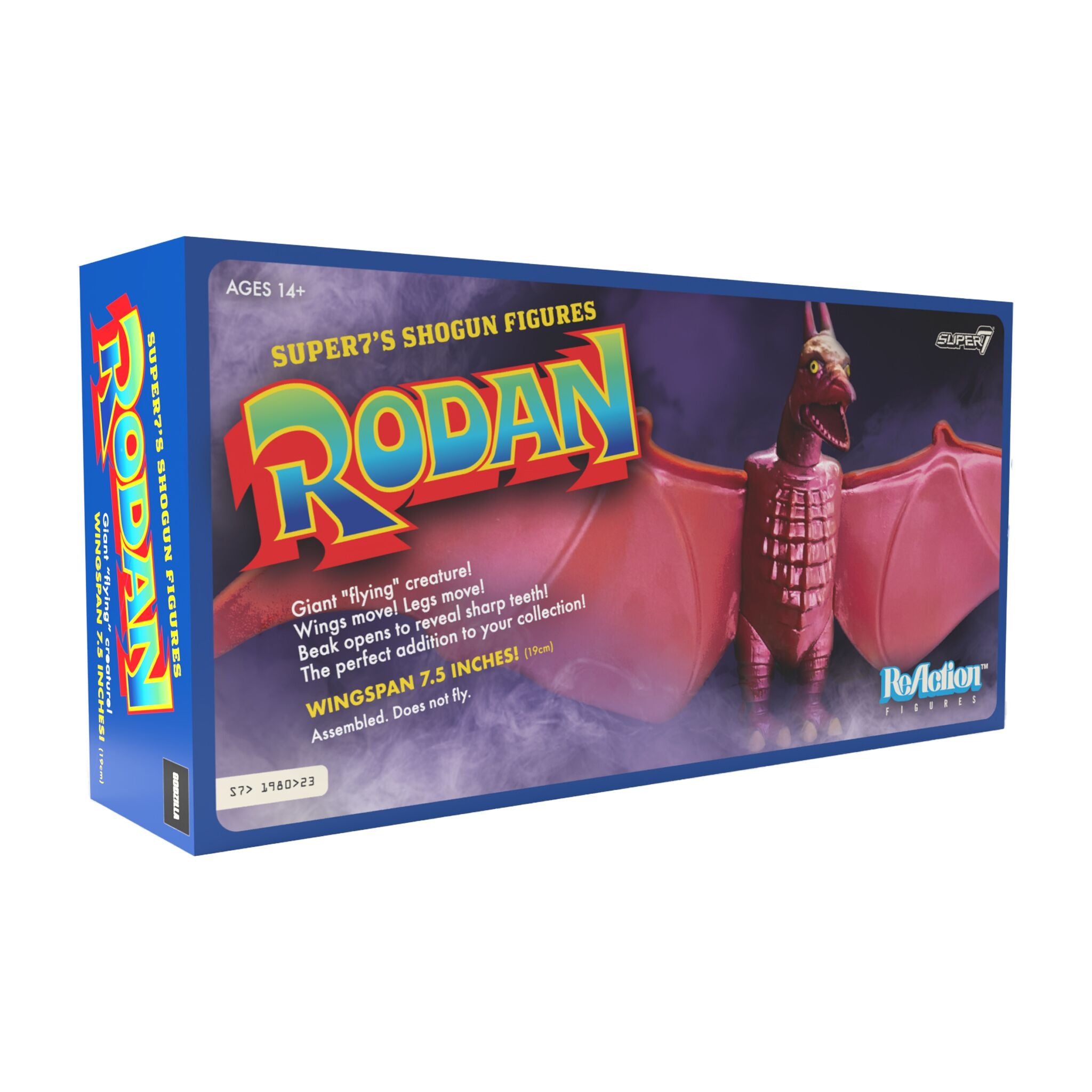 Shogun Rodan SDCC ReAction figure packaging in blue box with bold Rodan title artwork