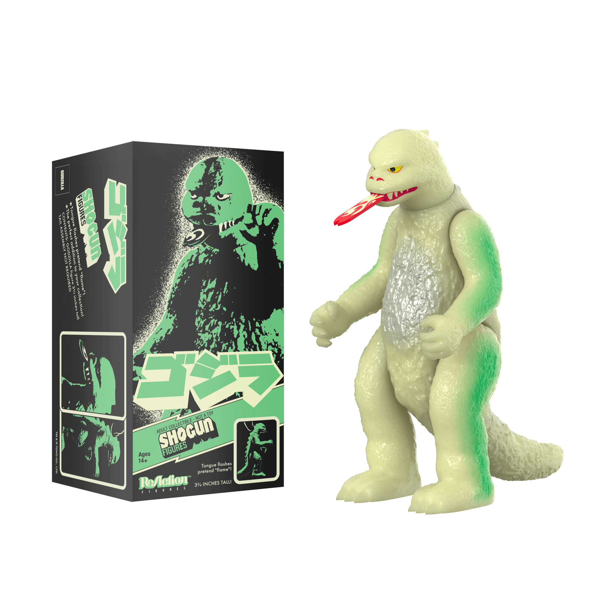Godzilla ReAction Wave 1 Shogun Godzilla Silver Glow packaging with the figure beside a stylized box.