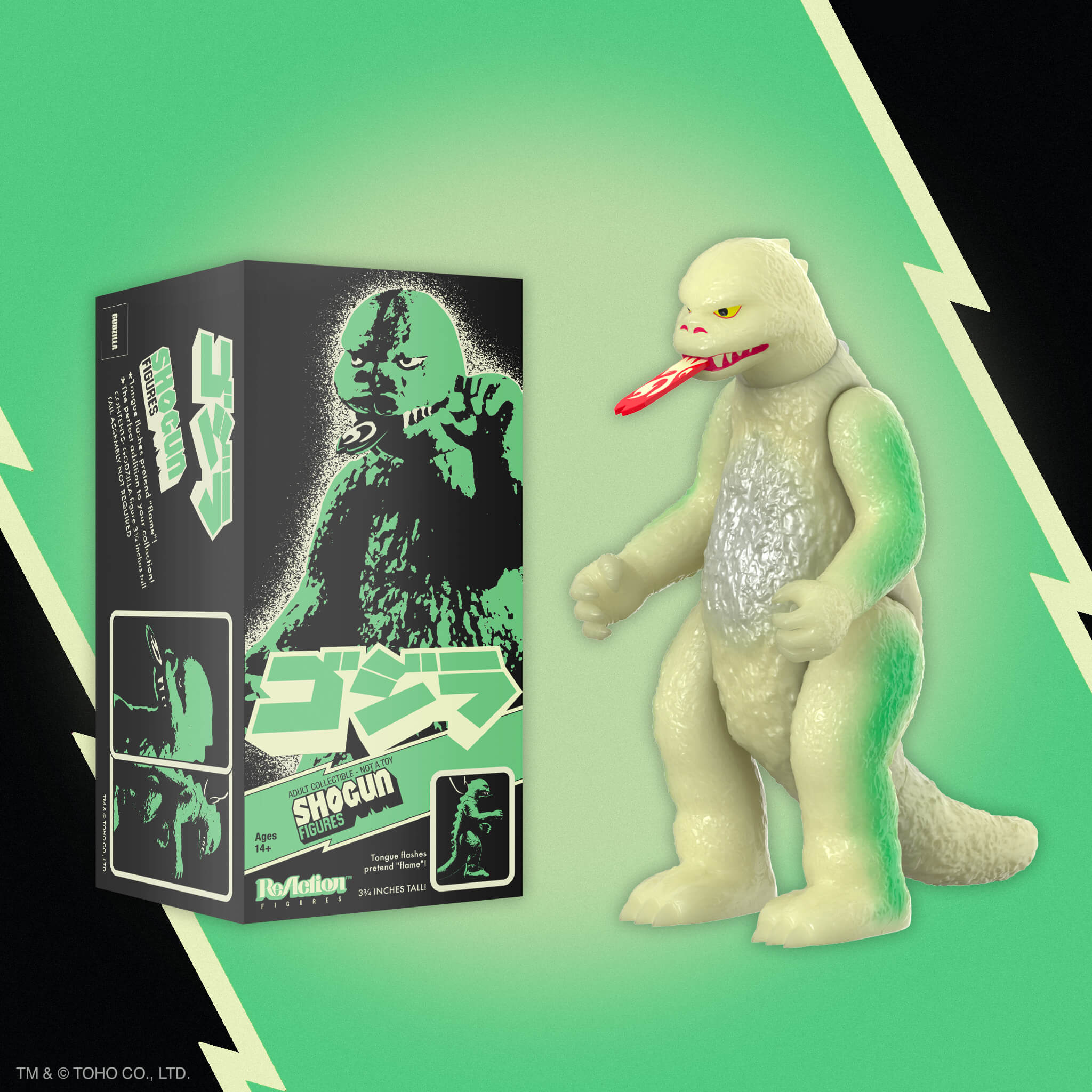 Toho ReAction Figures Shogun Godzilla (Silver/Glow) action figure next to its packaging