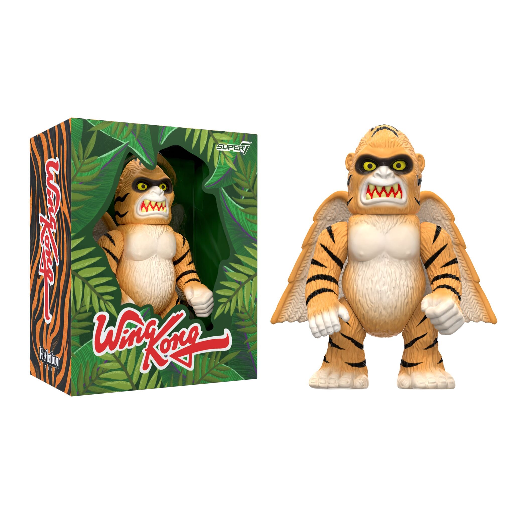 Wing Kong Tiger figure from Super7 ReAction Wave 1 beside jungle themed box artwork