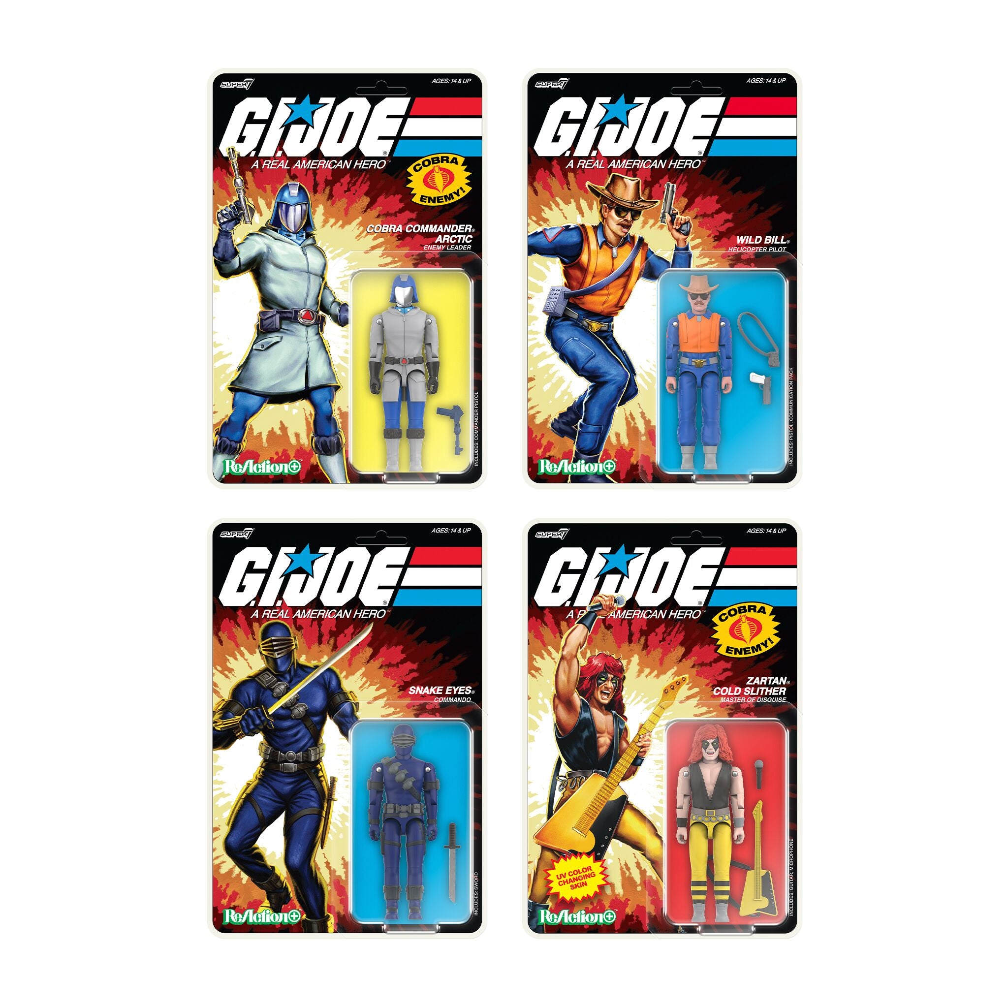 G.I. Joe ReAction+ Wave 03 (Cartoon) - Zartan Cold Slither, Arctic Cobra Commander, Wild Bill, Snake Eyes