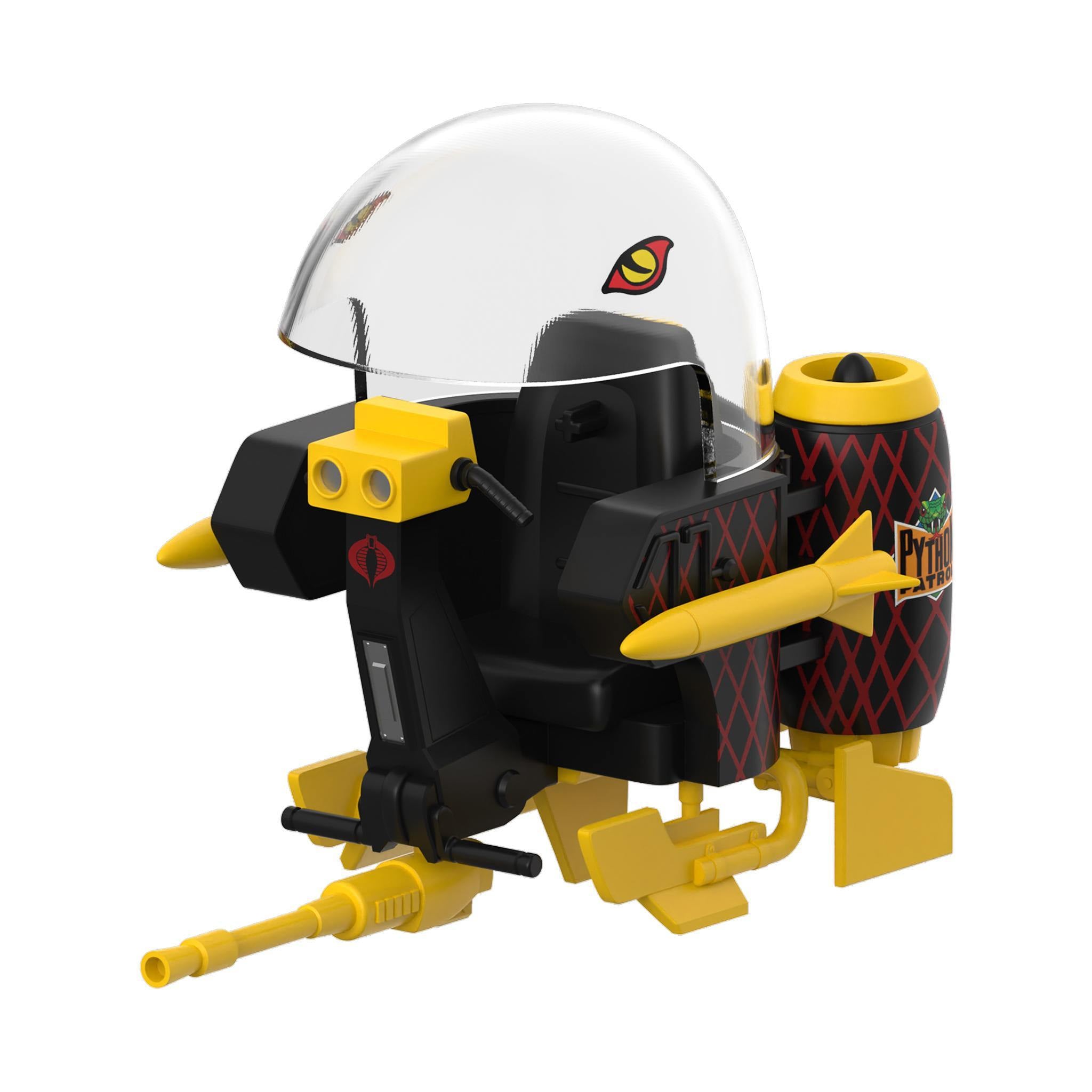 Front view of the Trubble Bubble vehicle with yellow weapons and a Cobra emblem beside the gray suited figure.