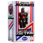 Baron Karza figure boxed in Micronauts ReAction+ Wave 05 packaging