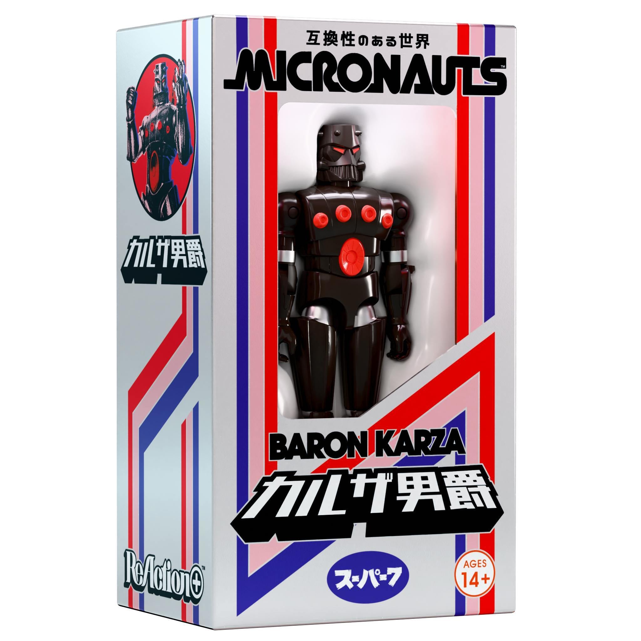 Baron Karza figure boxed in Micronauts ReAction+ Wave 05 packaging