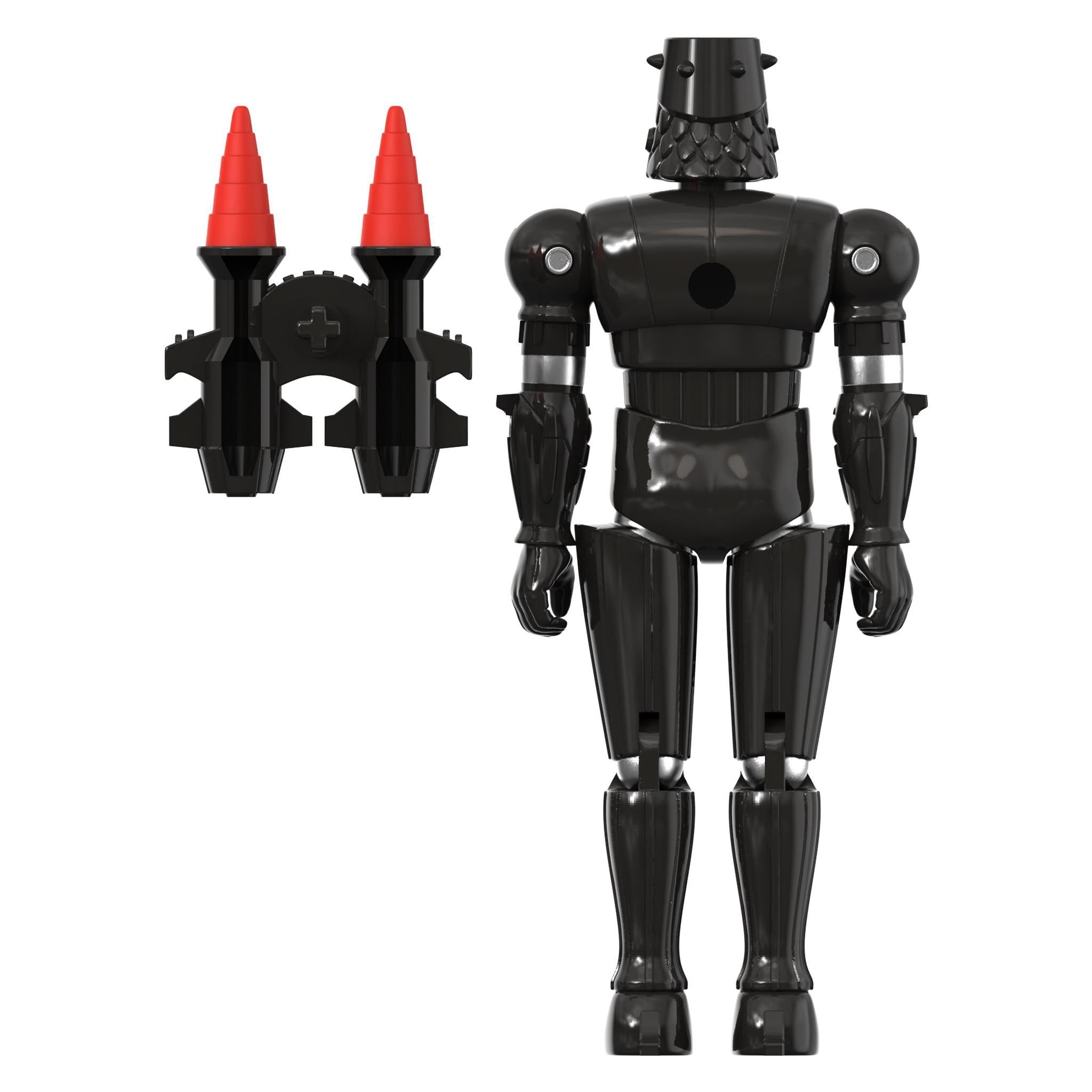 Baron Karza figure full body with black armor and red accents beside a black weapon stand with red missiles