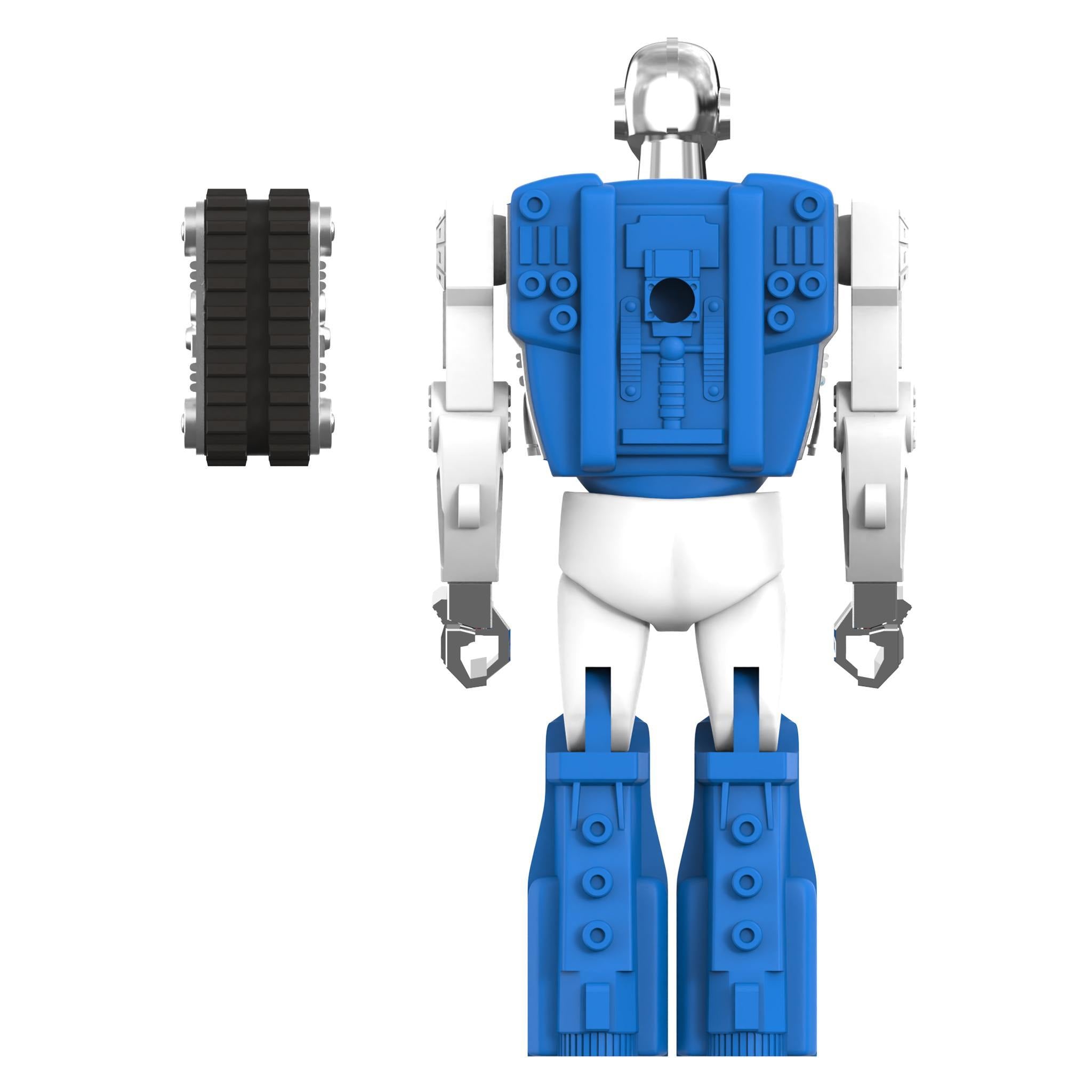 Head Man Biotron figure in blue with chrome head, shown with a black track accessory on the side