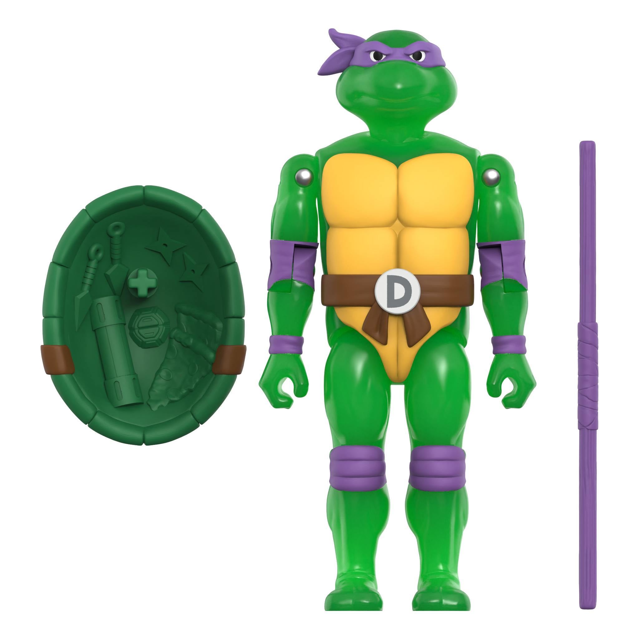 Donatello style TMNT ReAction+ Mutagen Ooze Turtles 4-Pack Glow figure with purple mask and yellow chest plate