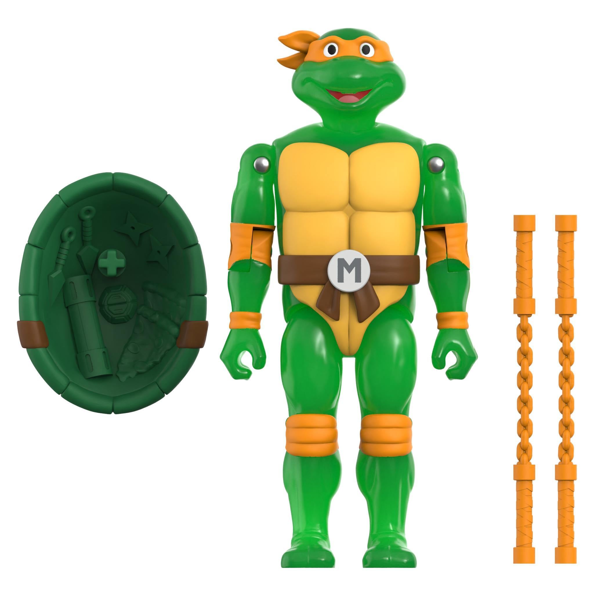 Michelangelo style TMNT ReAction+ Mutagen Ooze Turtles 4-Pack Glow figure with orange mask and yellow chest plate plus orange accessories
