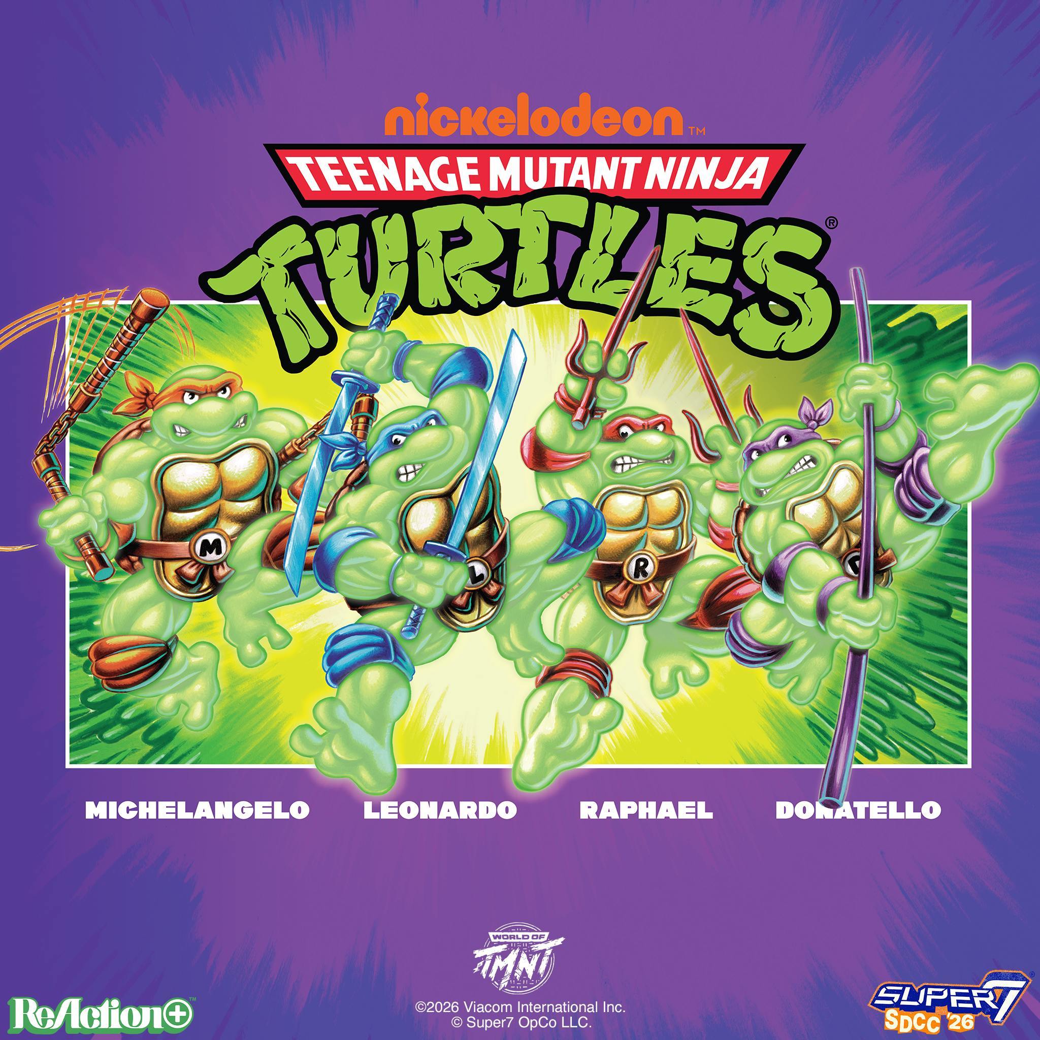 Purple backdrop featuring classic TMNT artwork with the Teenage Mutant Ninja Turtles logo and colorful action scene