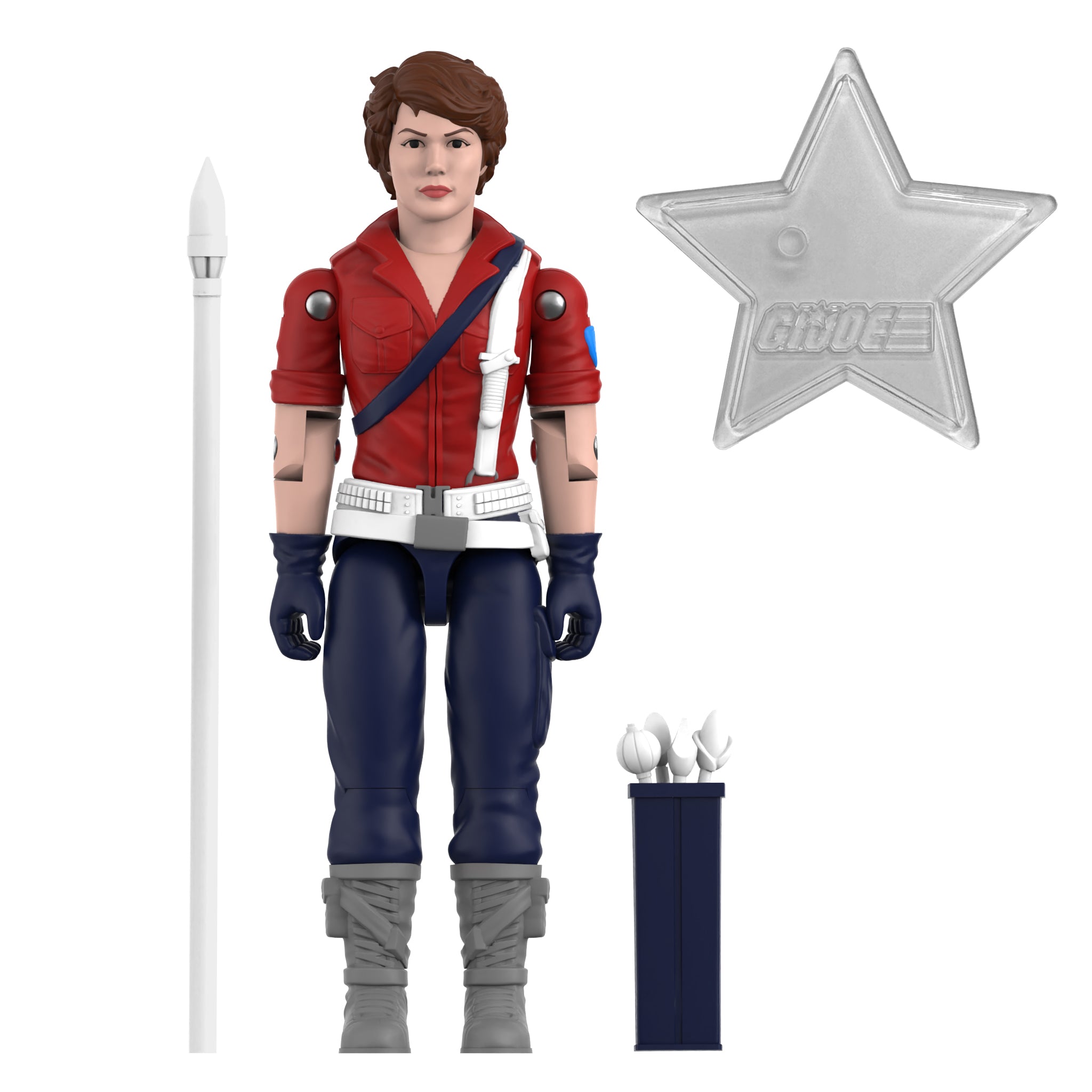 Lady Jaye ReAction figure from G.I. Joe ReAction Wave 8, with spear, quiver, and star stand