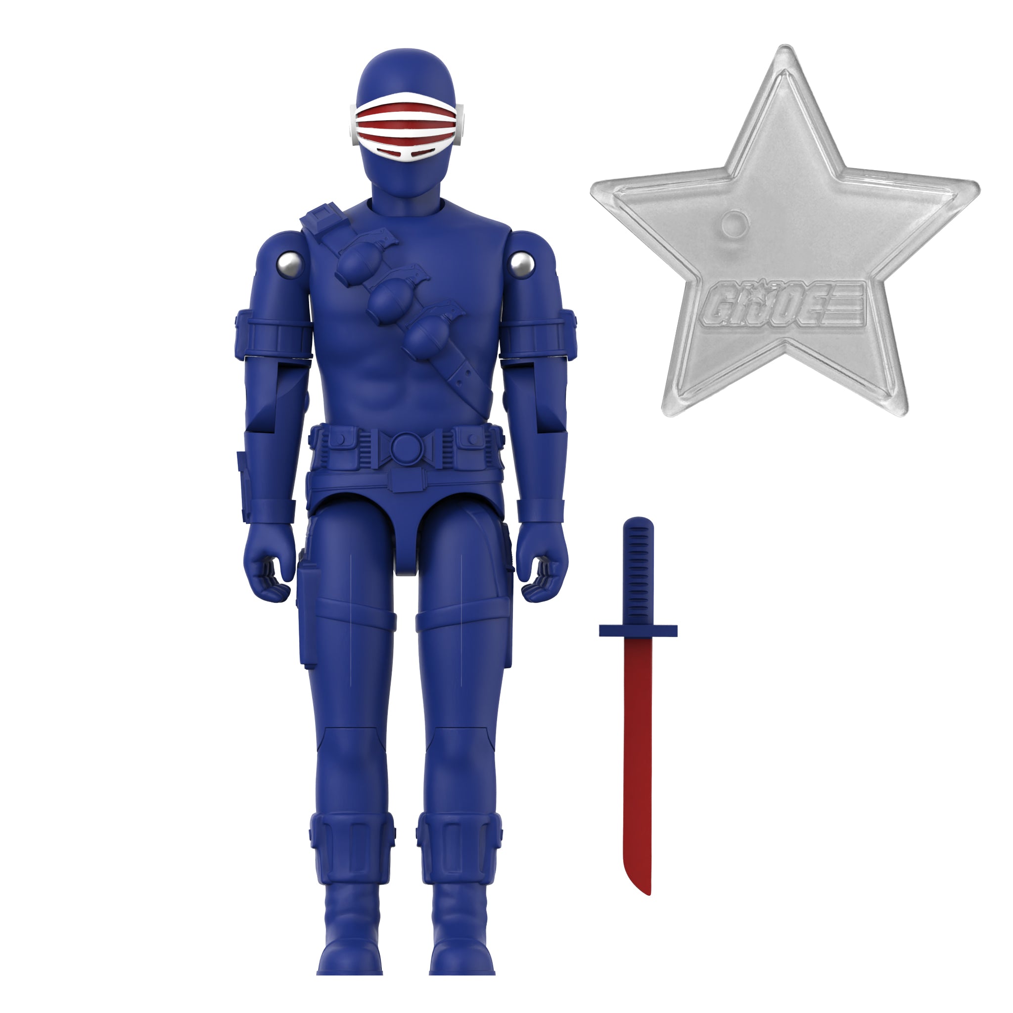 GI Joe ReAction Figure Snake Eyes (Blue) with red sword and clear star stand