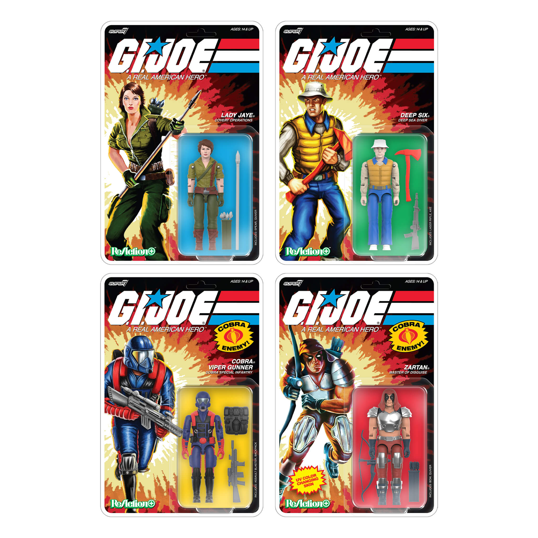 G.I. Joe ReAction Wave 9 action figures: Lady Jaye, Deep Six, Zartan, and Cobra Viper Gunner
