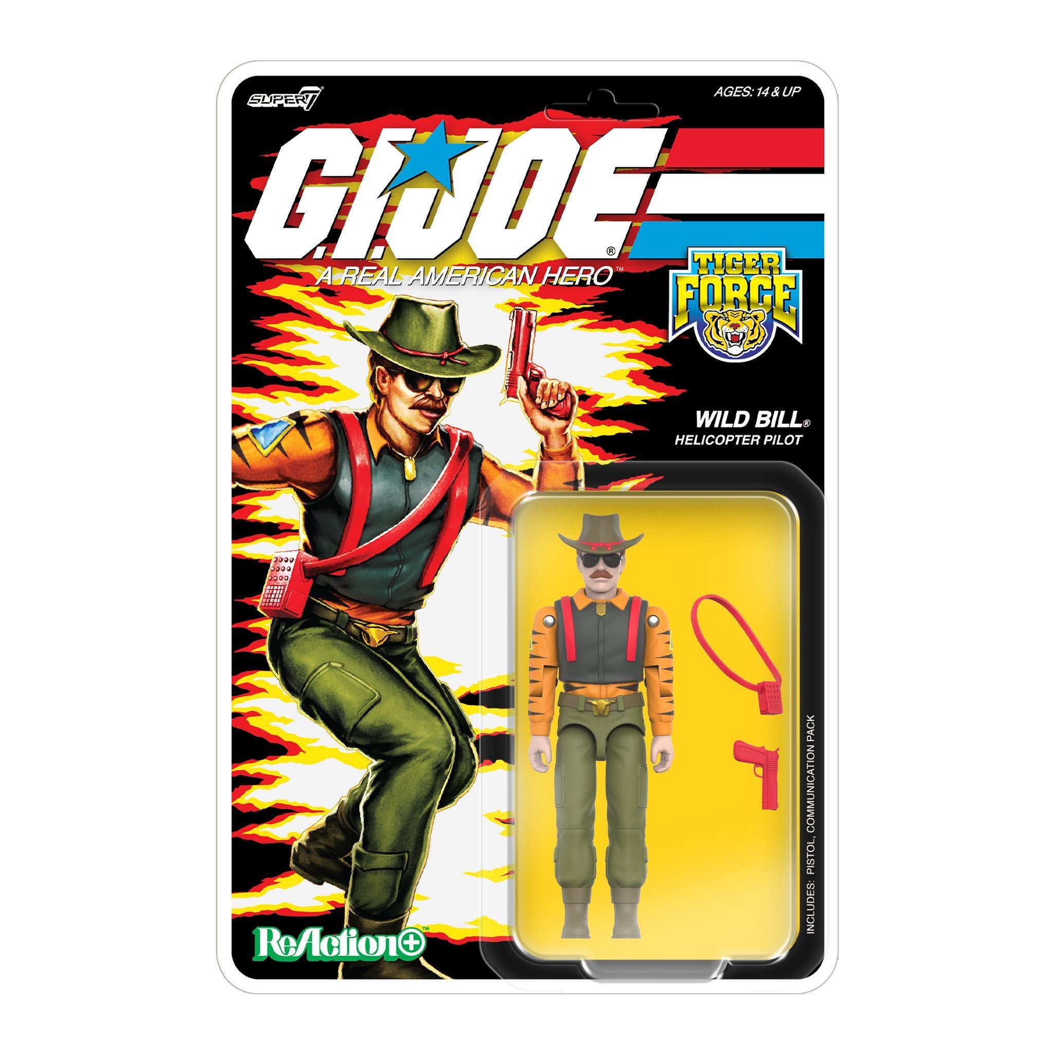 GI Joe ReAction+ Tiger Force Wild Bill figure in blister packaging with bold GI Joe logo.