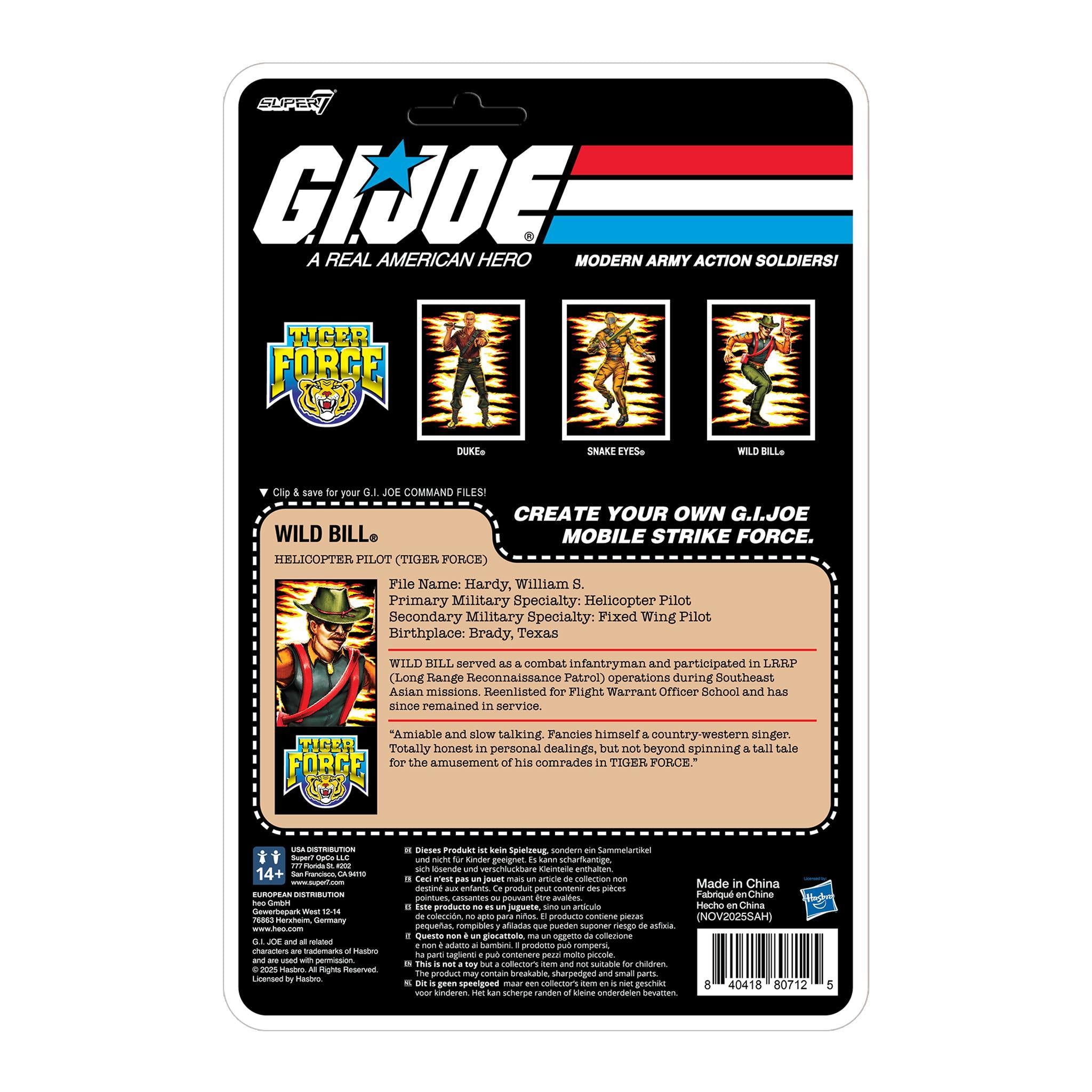 Back panel of Tiger Force G I Joe ReAction+ packaging with dense text and barcode
