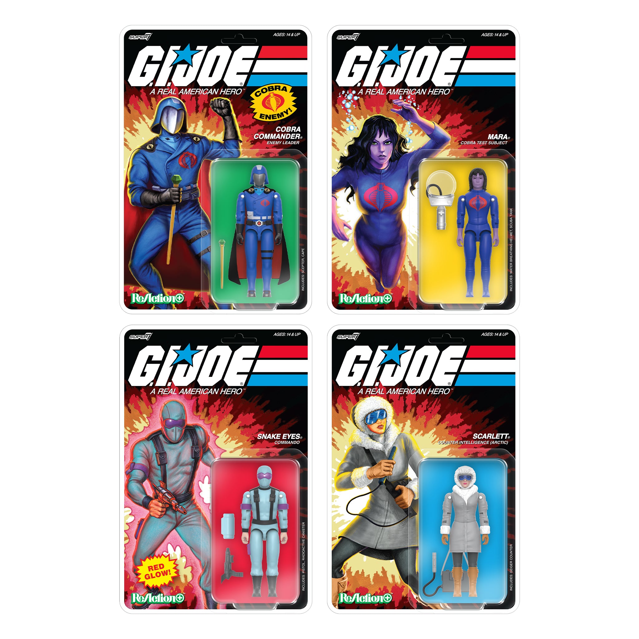 G.I. Joe ReAction+ Wave 6 - Snake Eyes (Crystal Poison), Arctic Scarlett, Cobra Commander (Movie), Mara