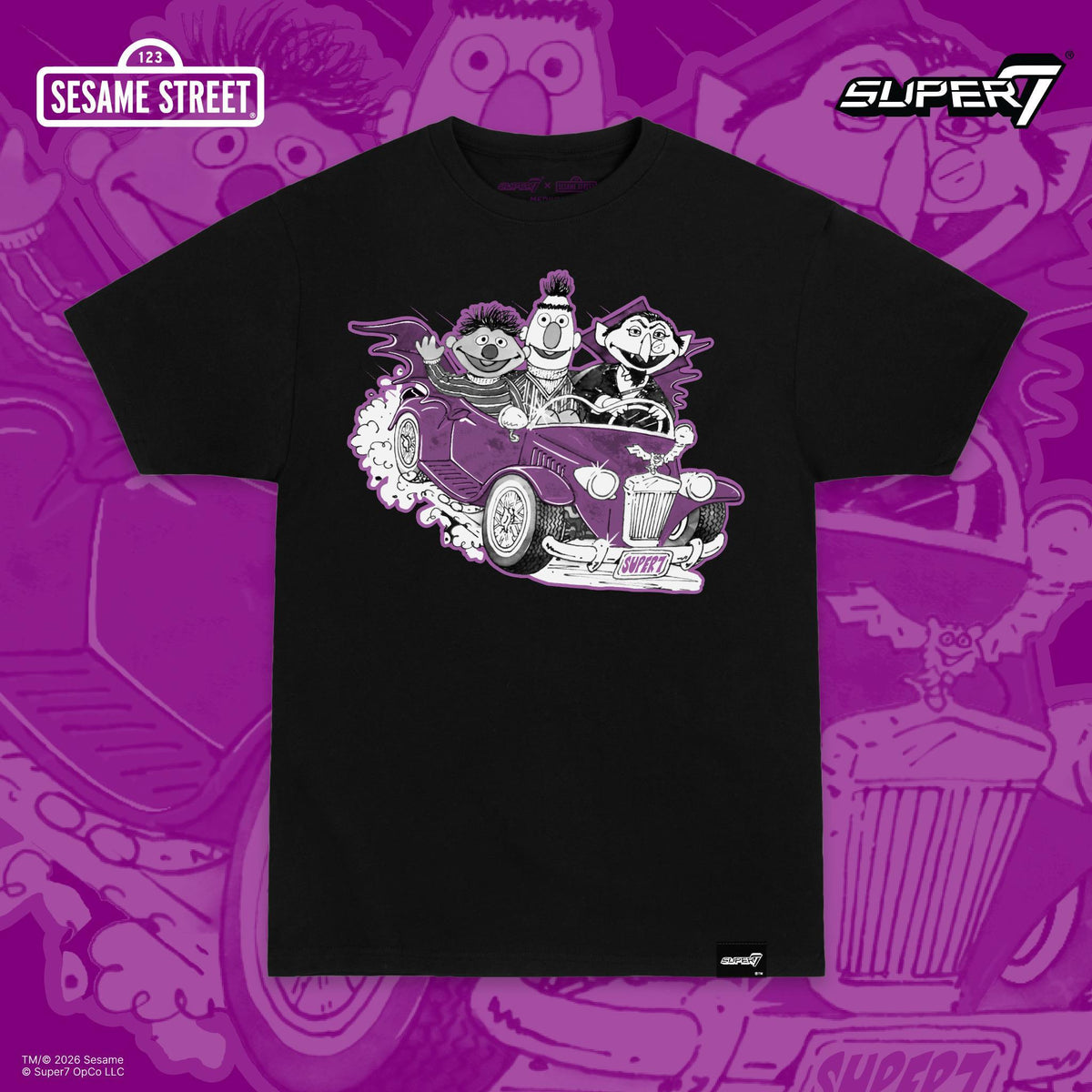 Black Sesame Street x Super7 tee with Count von Count driving Ernie and Bert in a purple bat-winged roadster, on a purple background.