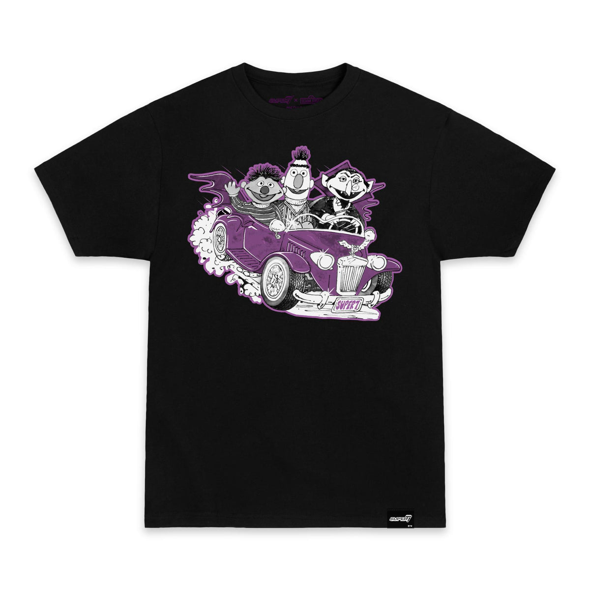 Black Count All the Way to Sesame Street tee with Count von Count, Ernie, and Bert in a purple roadster, on a white background.