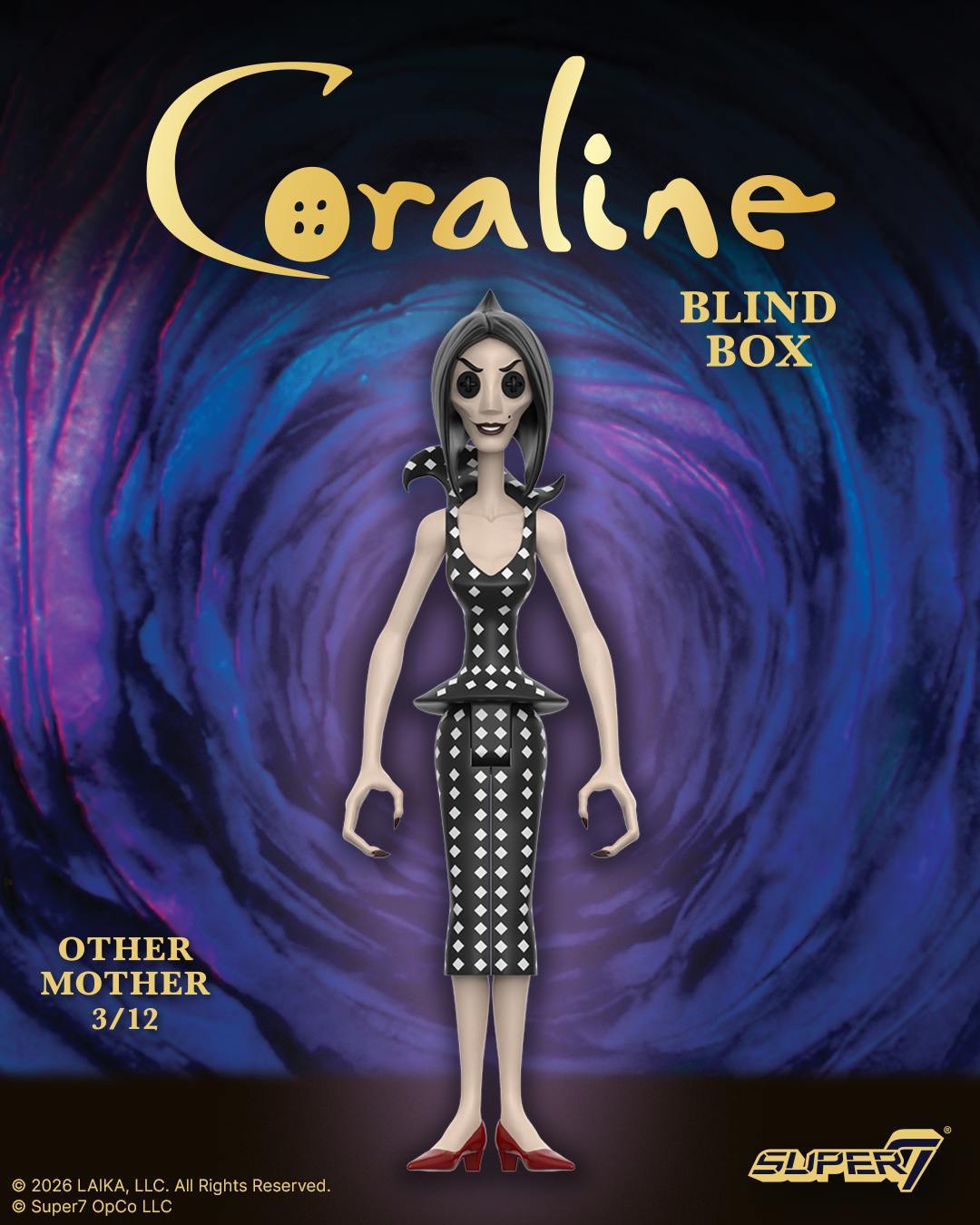 Other Mother from Coraline ReAction Blind Box Wave 01 in a black and white diamond dress against a purple swirl backdrop