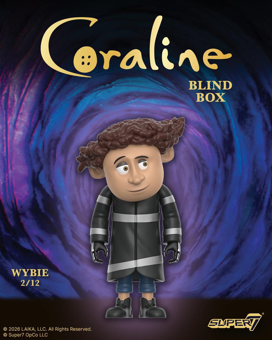 Coraline ReAction Blind Box Wave 01 packaging featuring a figure in a black coat against a swirling purple blue background