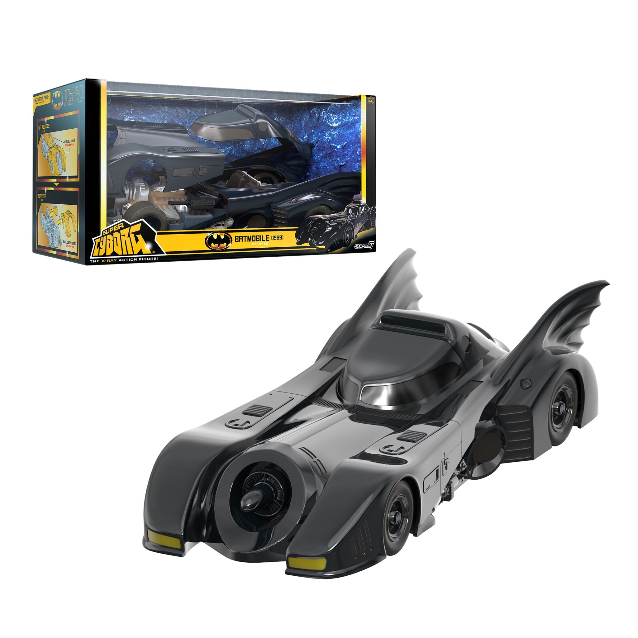 Boxed Batman Super Cyborg Batmobile 1989 with bold yellow and black packaging