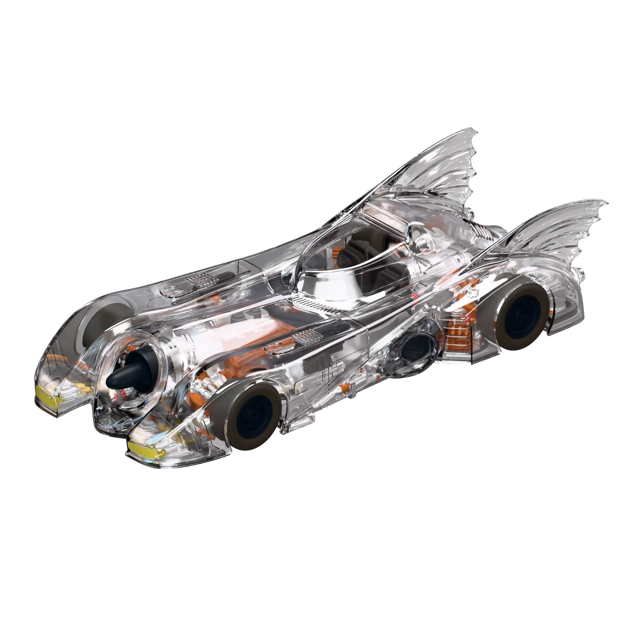 Clear plastic model of the Batmobile with visible internal components