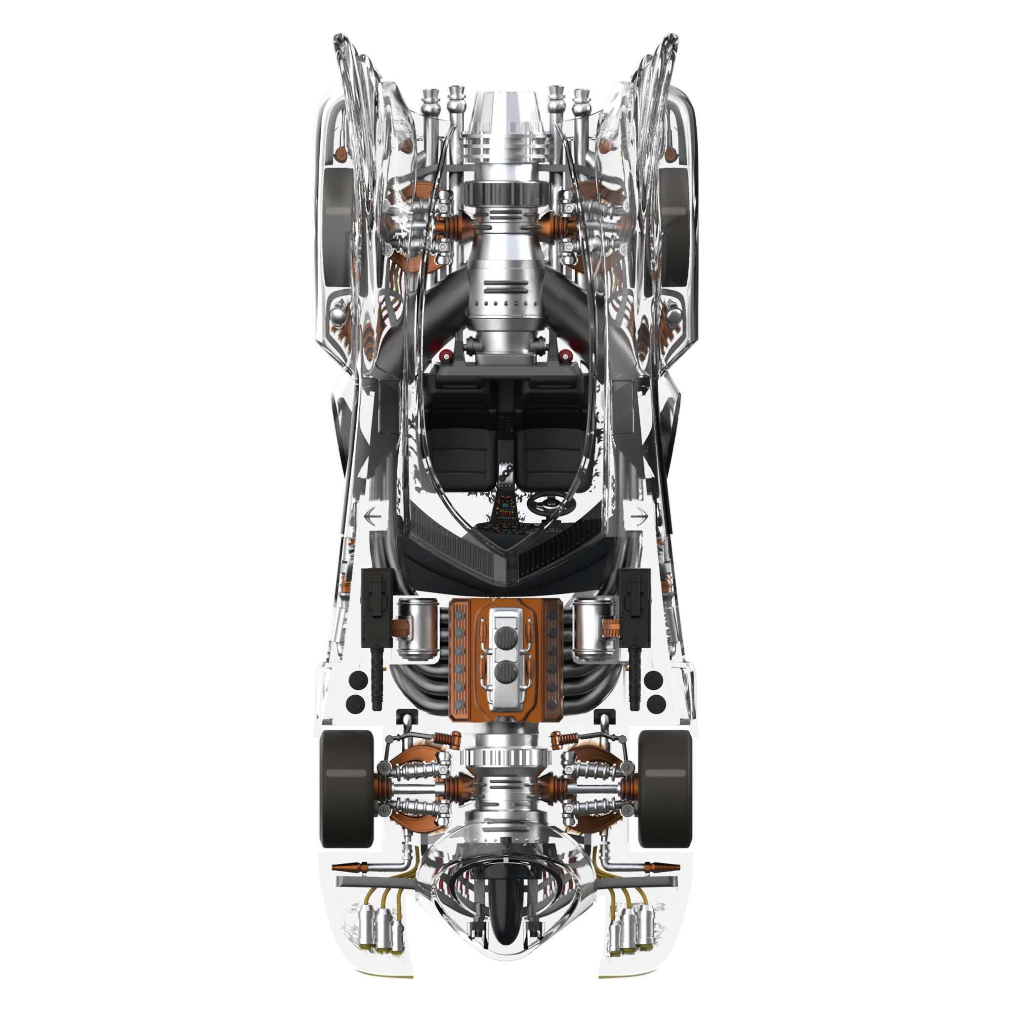 Top-down view of a transparent car chassis revealing engine, seats, and internal components