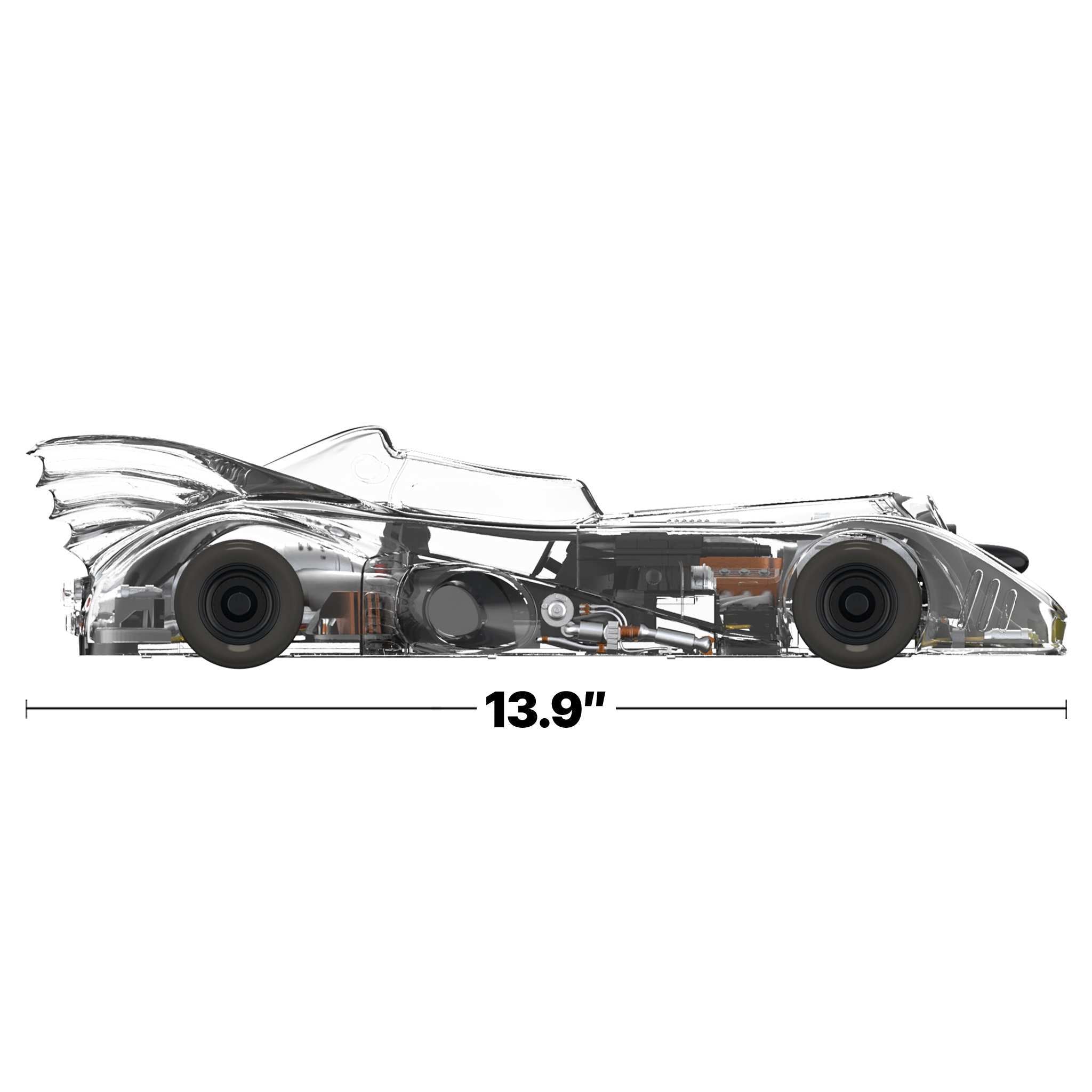 Side view of a transparent Batmobile model, showing internal components and a length measurement of 13.9 inches